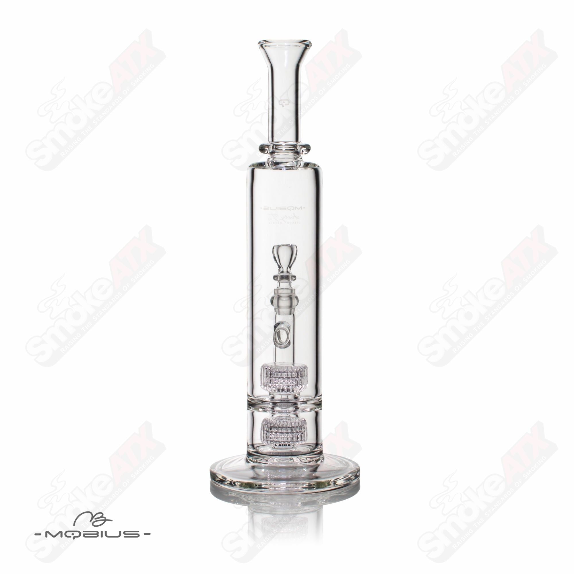 Mobius 60T V3 Stereo Matrix glass straight tube bong with clear glass and intricate design details.