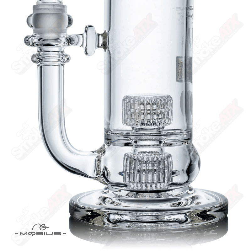 Mobius 65T V5 Stereo Matrix waterpipe glass with clear design and intricate detailing for smooth smoking experience.