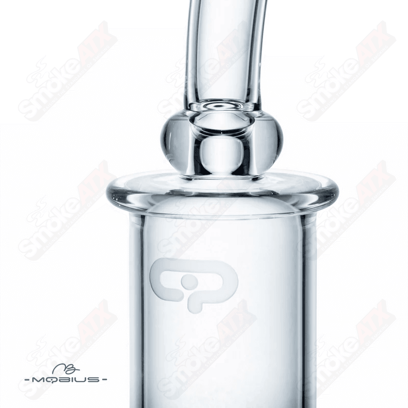 Mobius 65T V5 Stereo Matrix glass waterpipe with clear design and intricate water chamber, ideal for smooth smoking experiences.