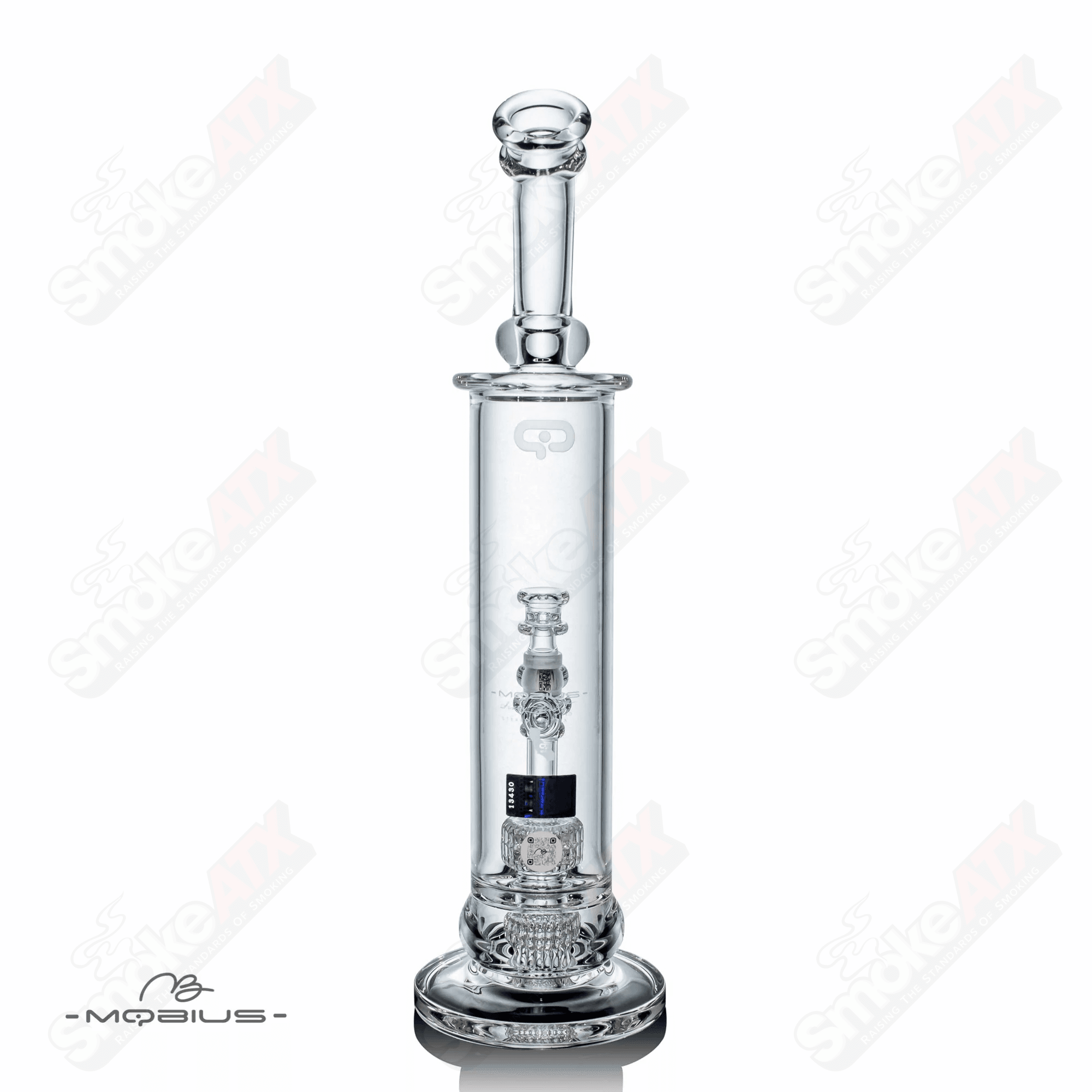 Mobius 65T V5 Stereo Matrix glass waterpipe with clear design, featuring intricate glasswork and a sturdy base.