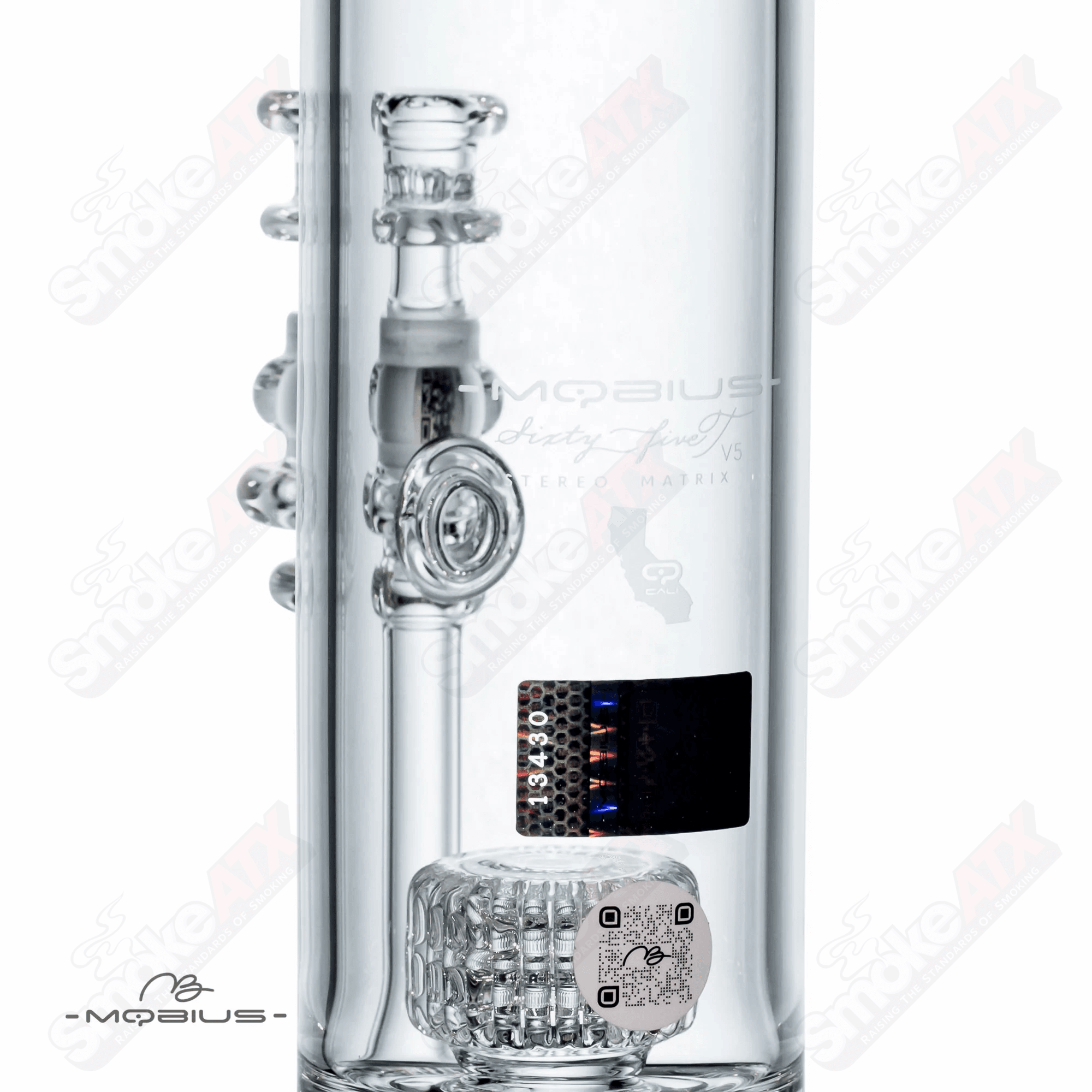 Mobius 65T V5 Stereo Matrix glass waterpipe with clear borosilicate glass and intricate stereo matrix design.
