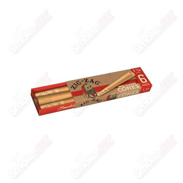 Six unbleached Zig Zag 1 1/4 inch cones for rolling, displayed in a 6-pack, made by Zig Zag for rolling enthusiasts.