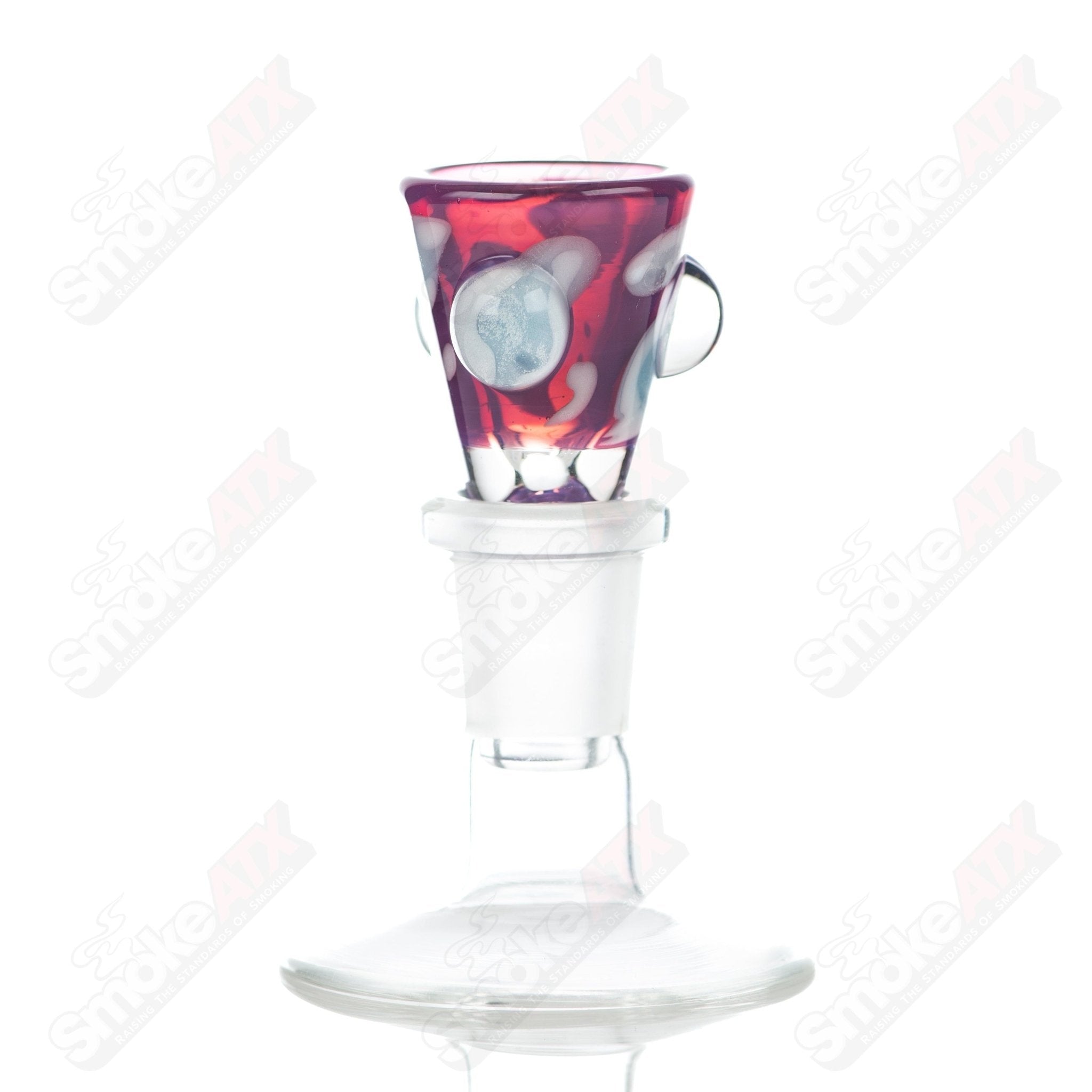 Leopard print 14mm Martini bowl with dot accents by Adventures In Glass Blowing, showcasing colorful glass art and design details.