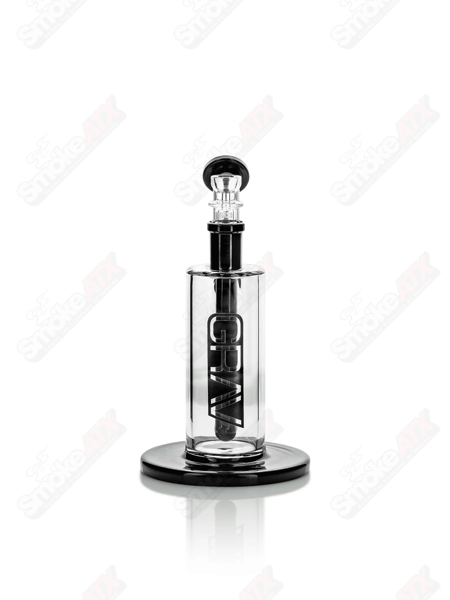 Grav 7-inch medium upright glass bubbler pipe with black accents, clear glass design for smooth smoking experience.