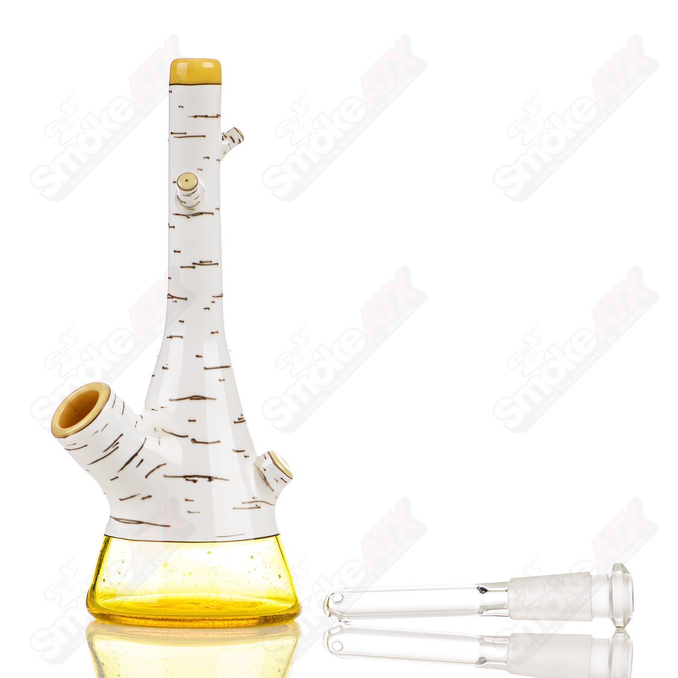 Foster Glass #8 Birch Tube Foster Glass heady concentrate rig with clear glass and intricate design, used for vaporizing concentrates.