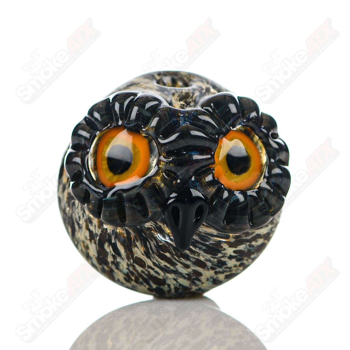Glass #8 Spotted Owl Carb Cap by Four Winds Flameworks, detailed glass accessory for dabbing, with owl design and intricate craftsmanship.