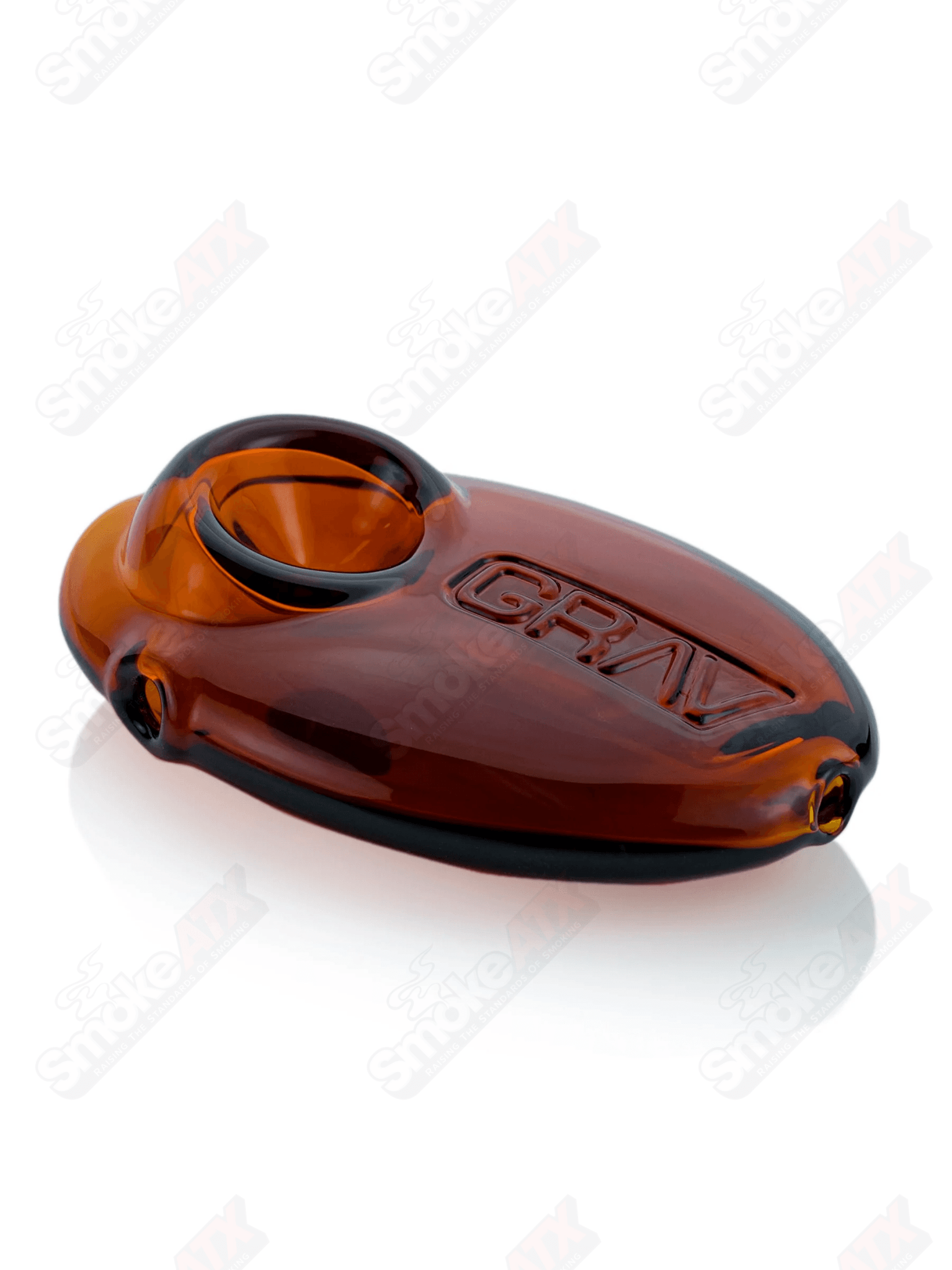 Amber Pebble Spoon Pipe by Grav Labs, transparent glass with a smooth, rounded pebble shape and ergonomic design.