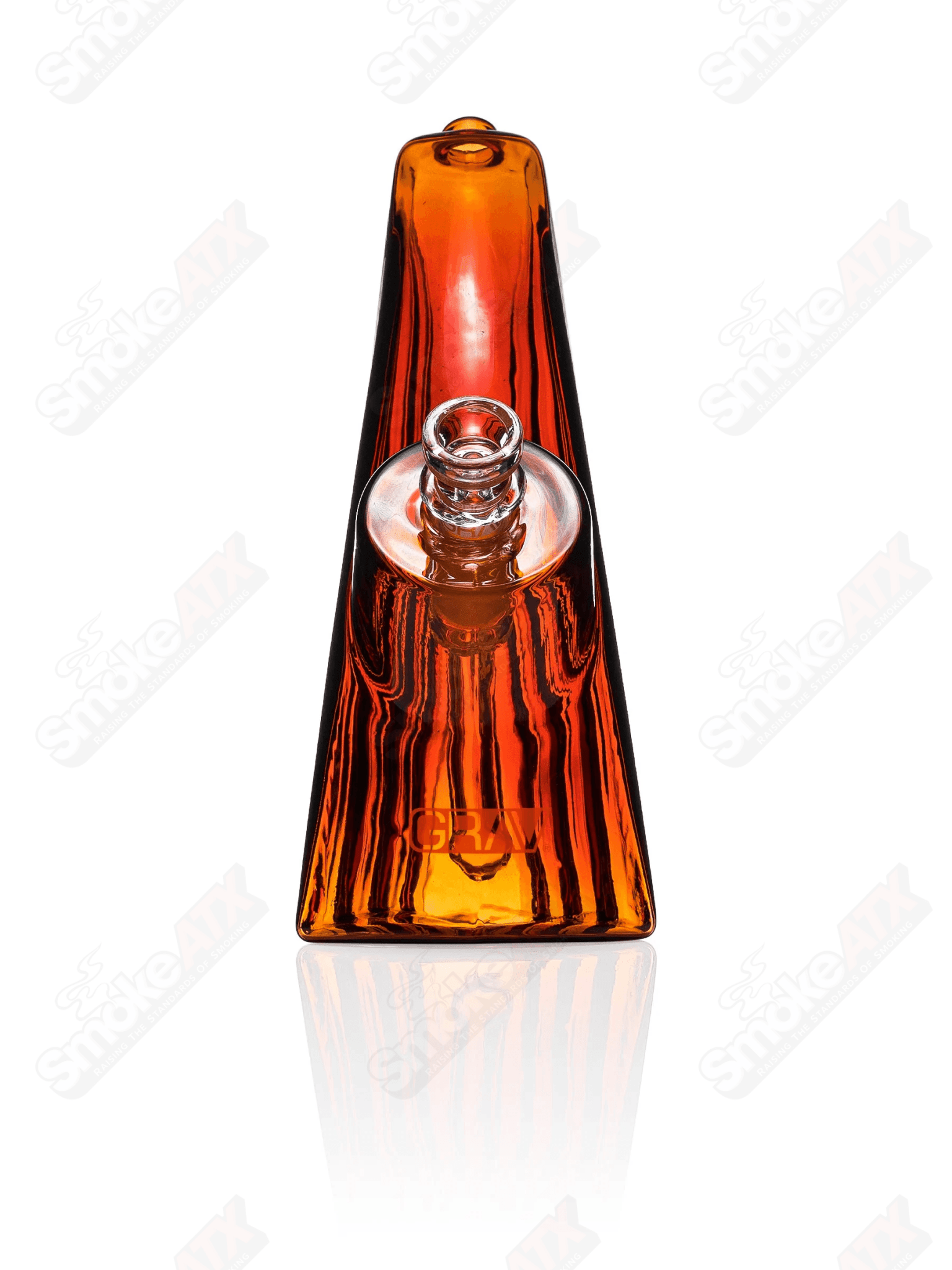 Amber Wave Grav Bubbler waterpipe made of glass with amber and wave design, featuring a clear glass chamber and mouthpiece.