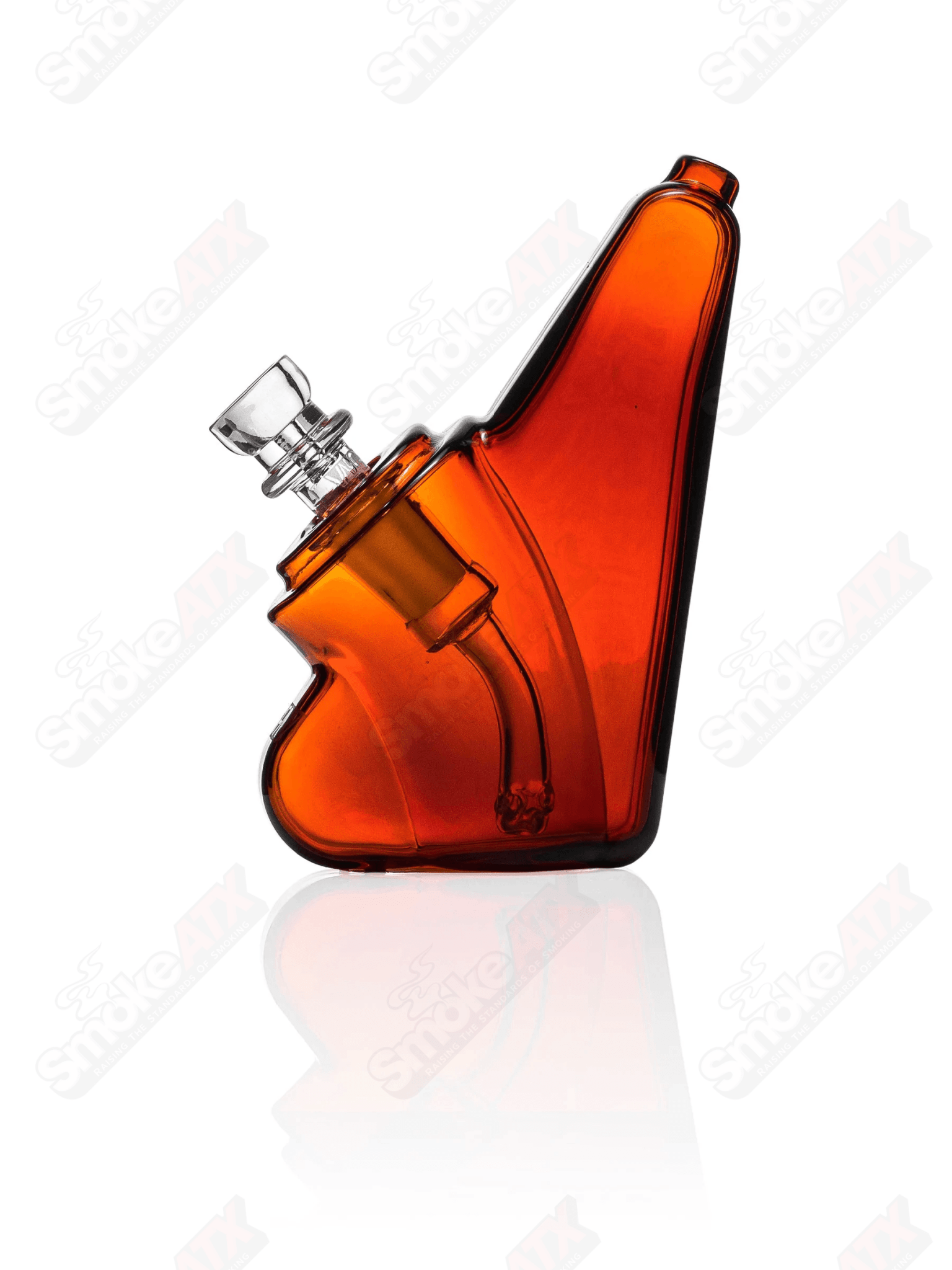 Amber Grav wedge bubbler glass waterpipe with a sleek design and clear detailing, perfect for smooth smoking sessions.