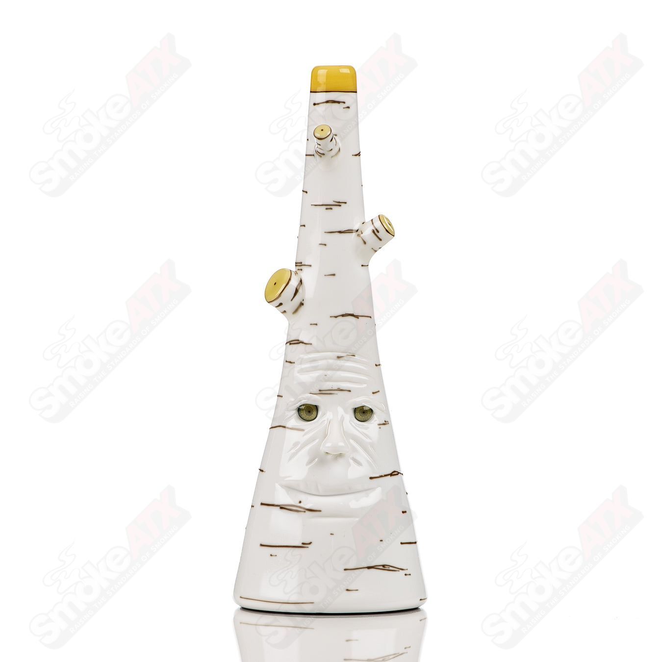 Foster Glass Birch Face Rig, heady glass concentrate rig with intricate face design and clear glass construction.