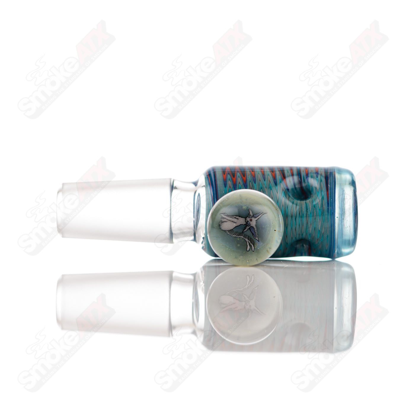Black Tuna 14mm glass worked 5-hole slide bowl with intricate design, suitable for 14mm glass pipes and water pipes.