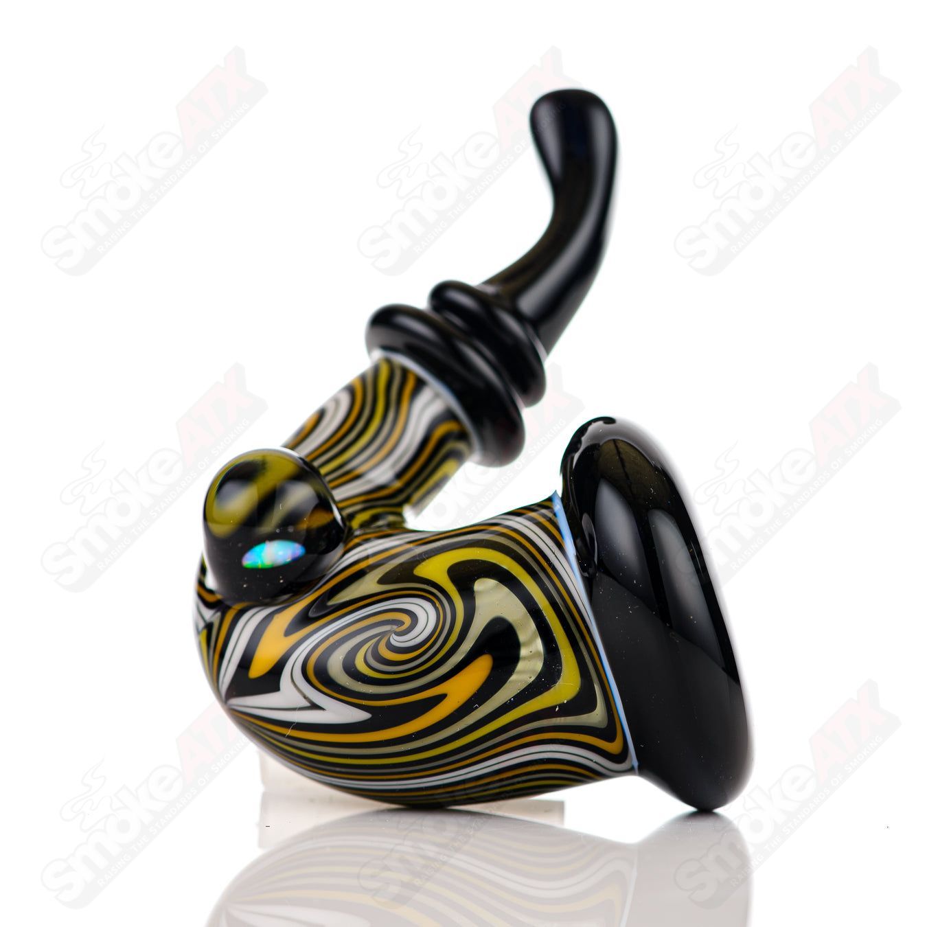 Black and yellow WigWag Sherlock glass pipe with opal accents by JMass, featuring intricate heady glass design.