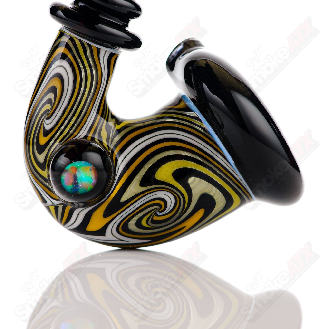 Black and yellow WigWag Sherlock glass pipe with opal accents by JMass, featuring intricate heady glass details.
