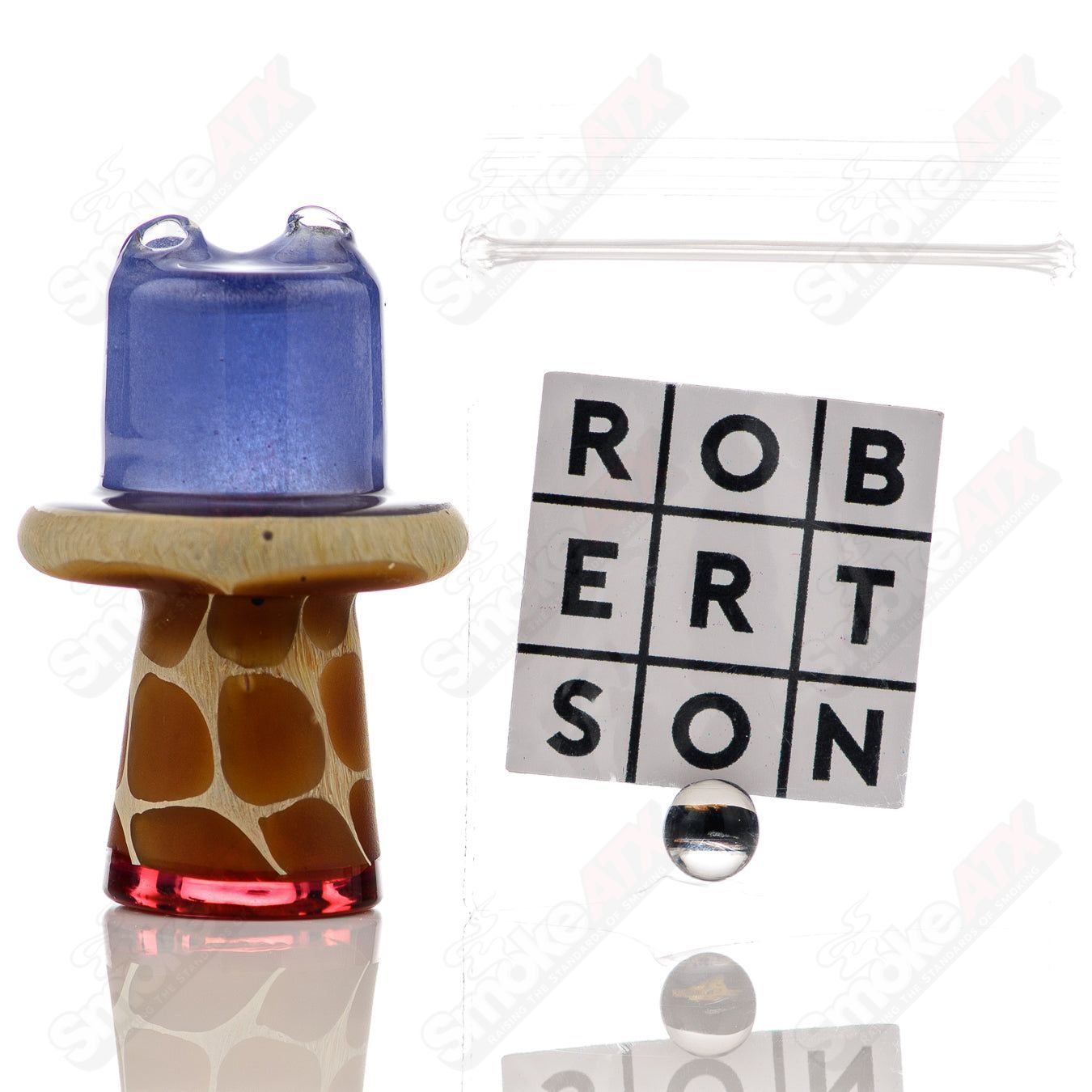 Blue giraffe-shaped spinner cap with pearl accents for carb caps, made by Robertson Glass in heady glass style.
