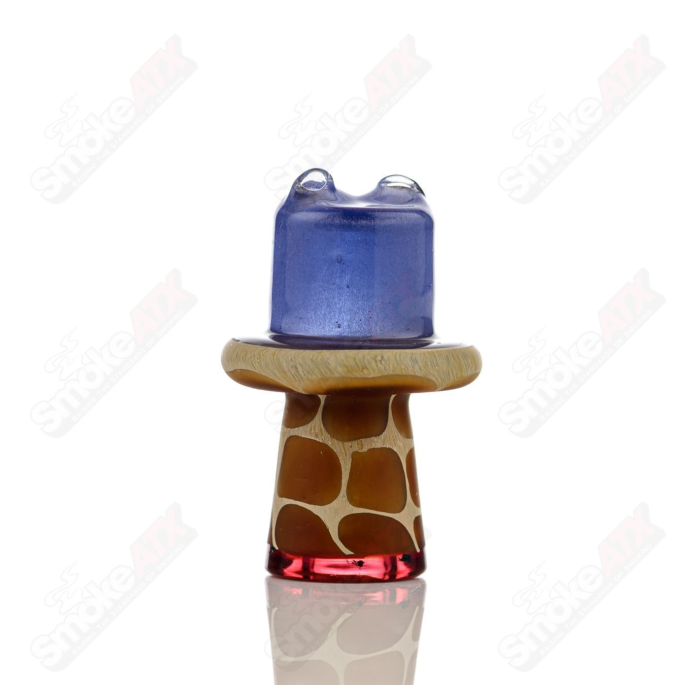 Blue giraffe-shaped spinner cap with pearl accents for heady glass carb caps by Robertson Glass.