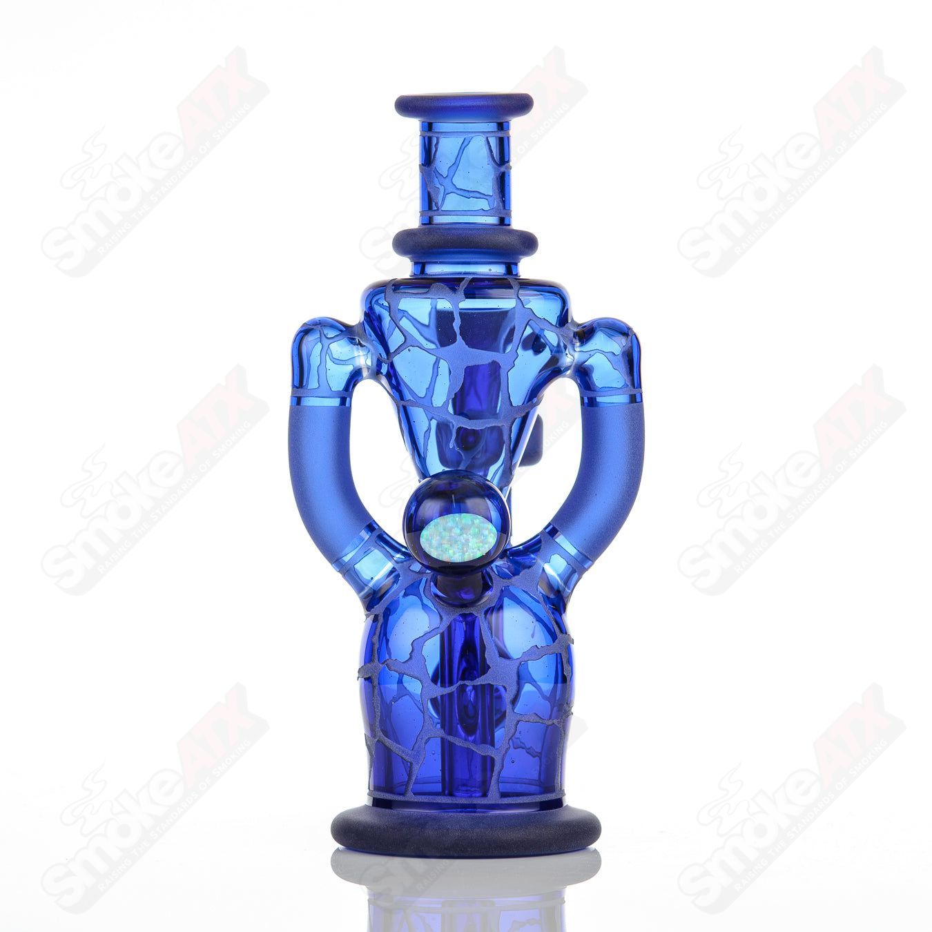 Brilliant blue Rooster Glass double-up rig for concentrates, featuring intricate heady glass design and vibrant color.
