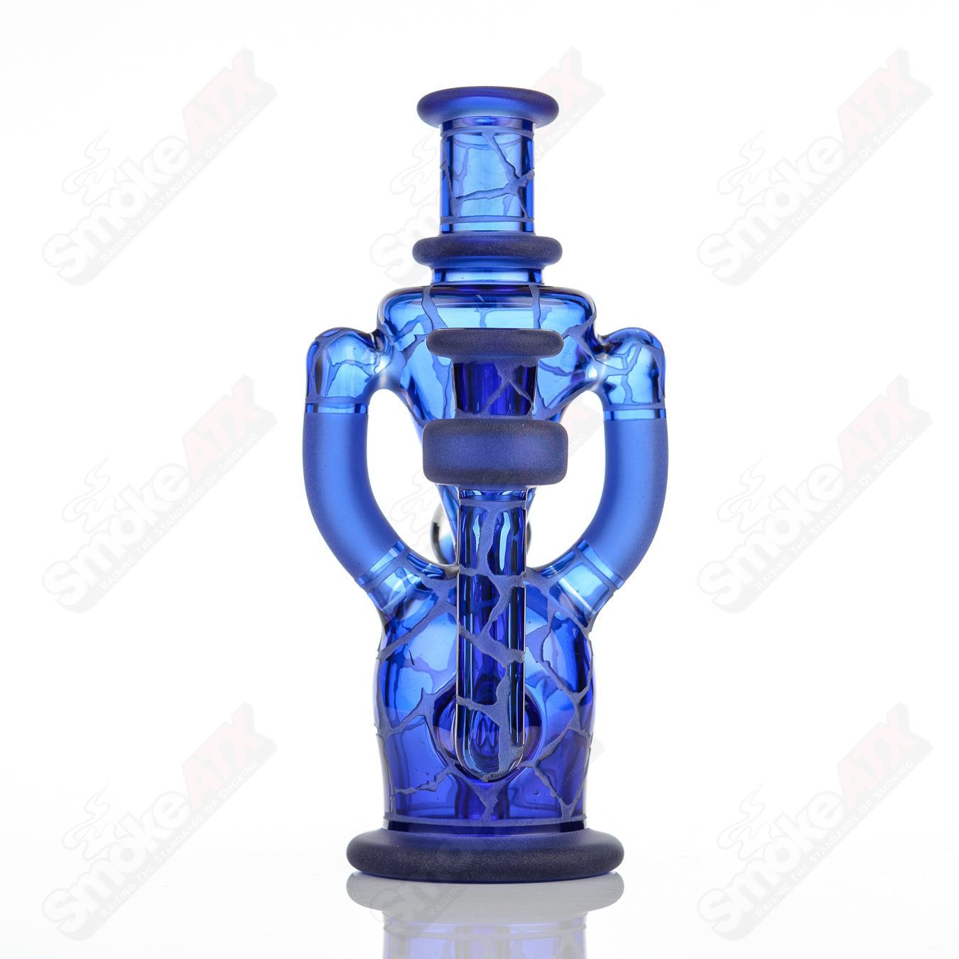 Brilliant blue Rooster Glass double-up rig for concentrates, featuring a sleek heady glass design with vibrant blue color.