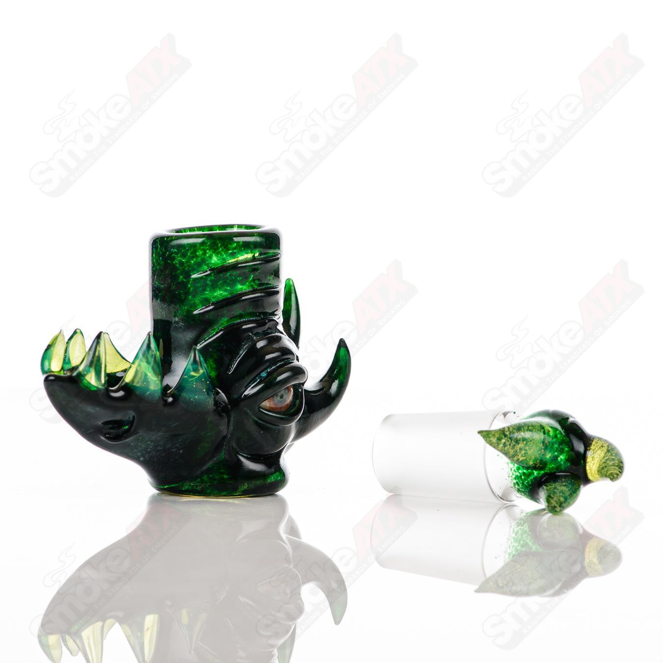 Salt Glass CFL Dome Conversion Shot Glass in Aqua Azul and Serum colors, featuring a clear heady glass cup with intricate design details.