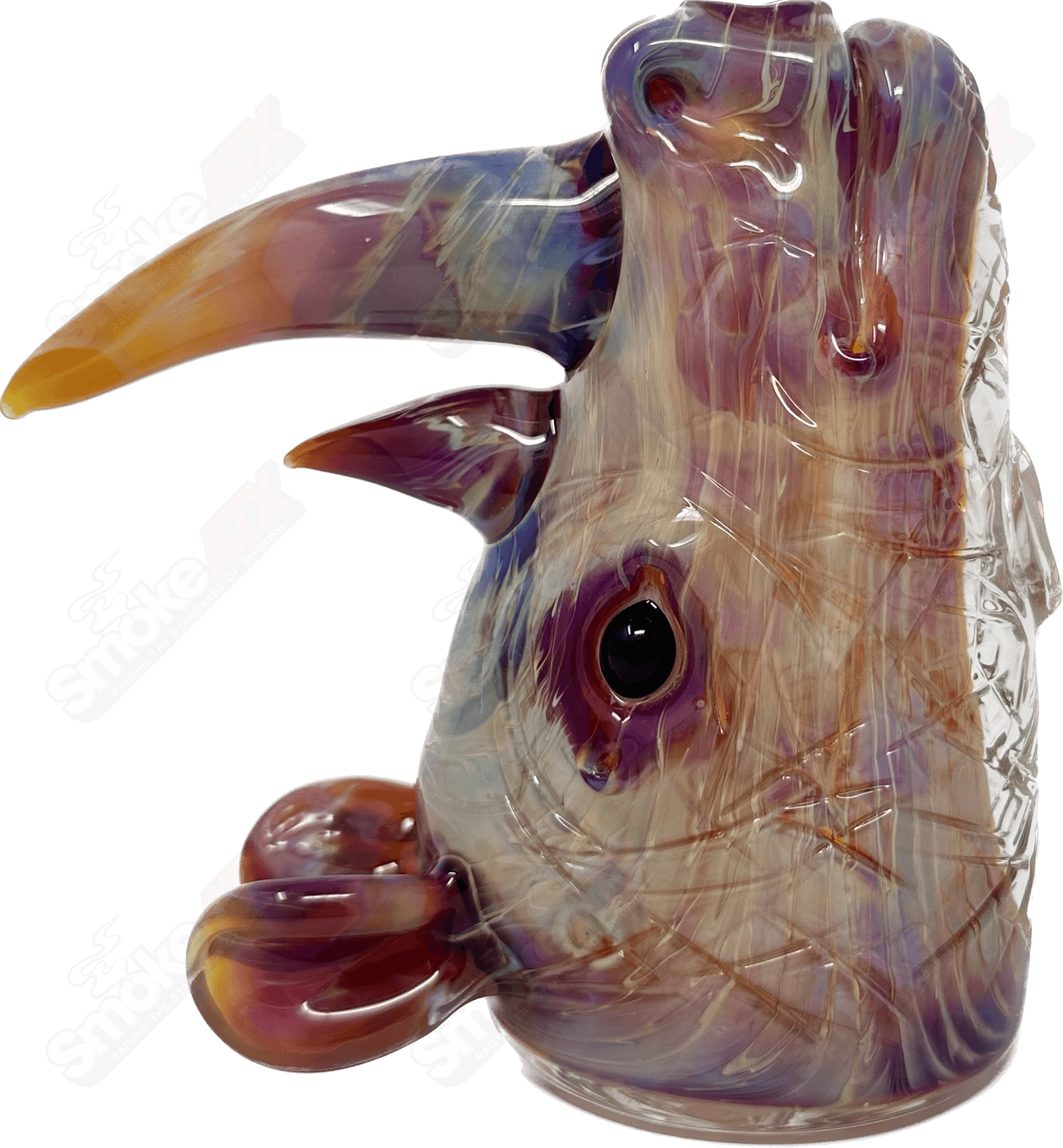Clear belly Rhino rig by Addison Hanna, a Heady Glass concentrate rig with a detailed, transparent glass design featuring a rhino motif.