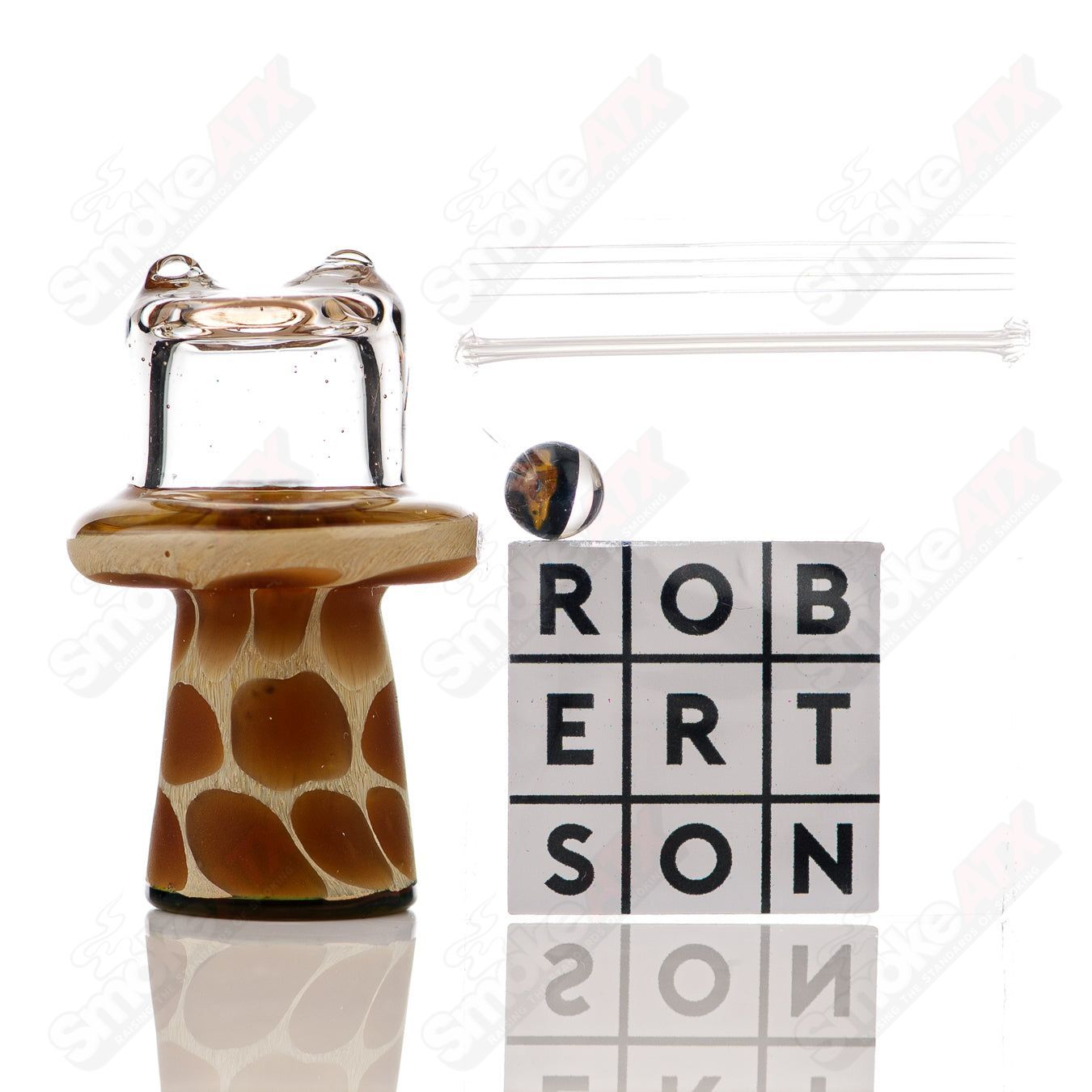 Clear giraffe-shaped spinner carb cap with pearl details, designed for Robertson Glass heady glass collection.