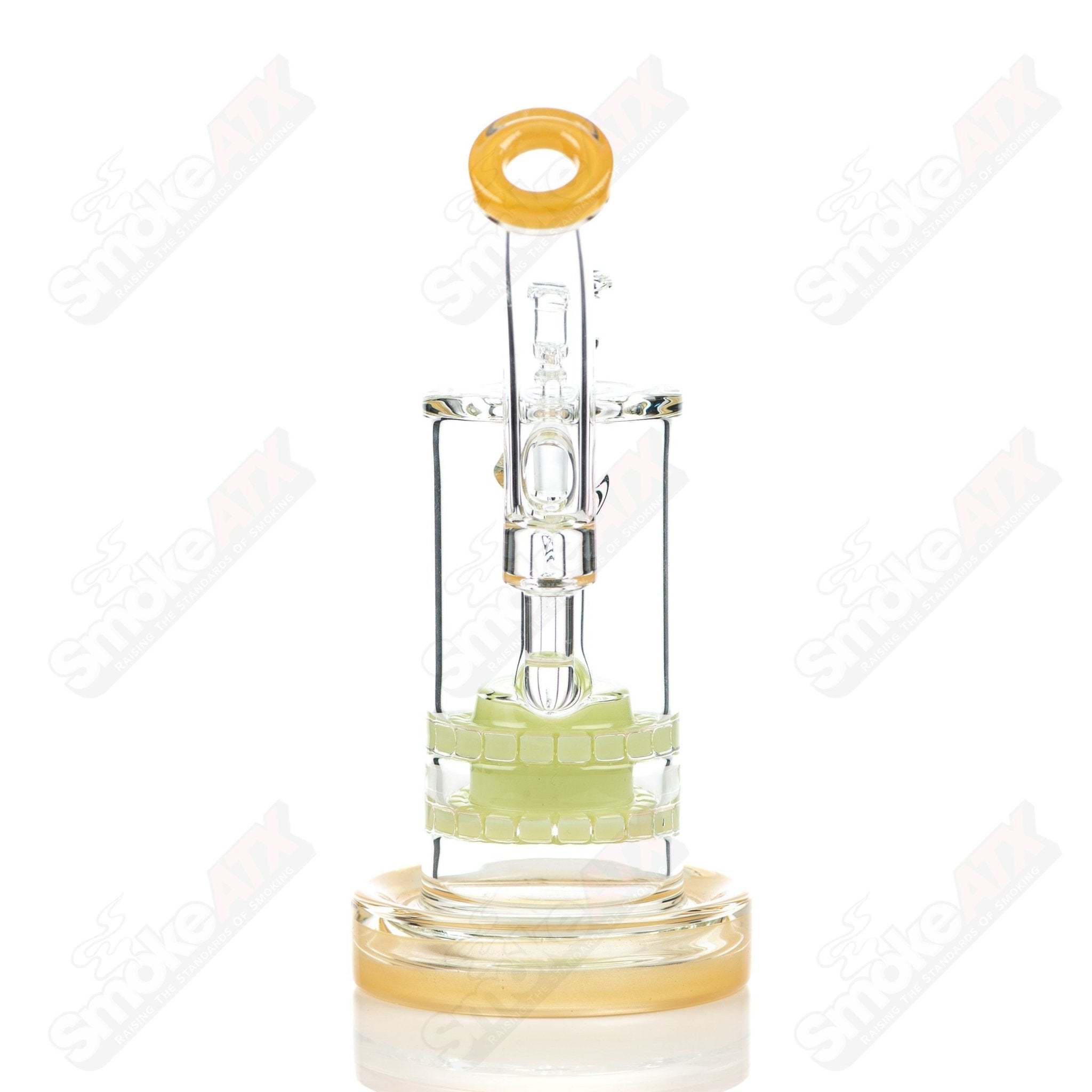Color 65mm double ratchet bubbler glass pipe by C2 Custom Creations with vibrant colors and intricate design details.