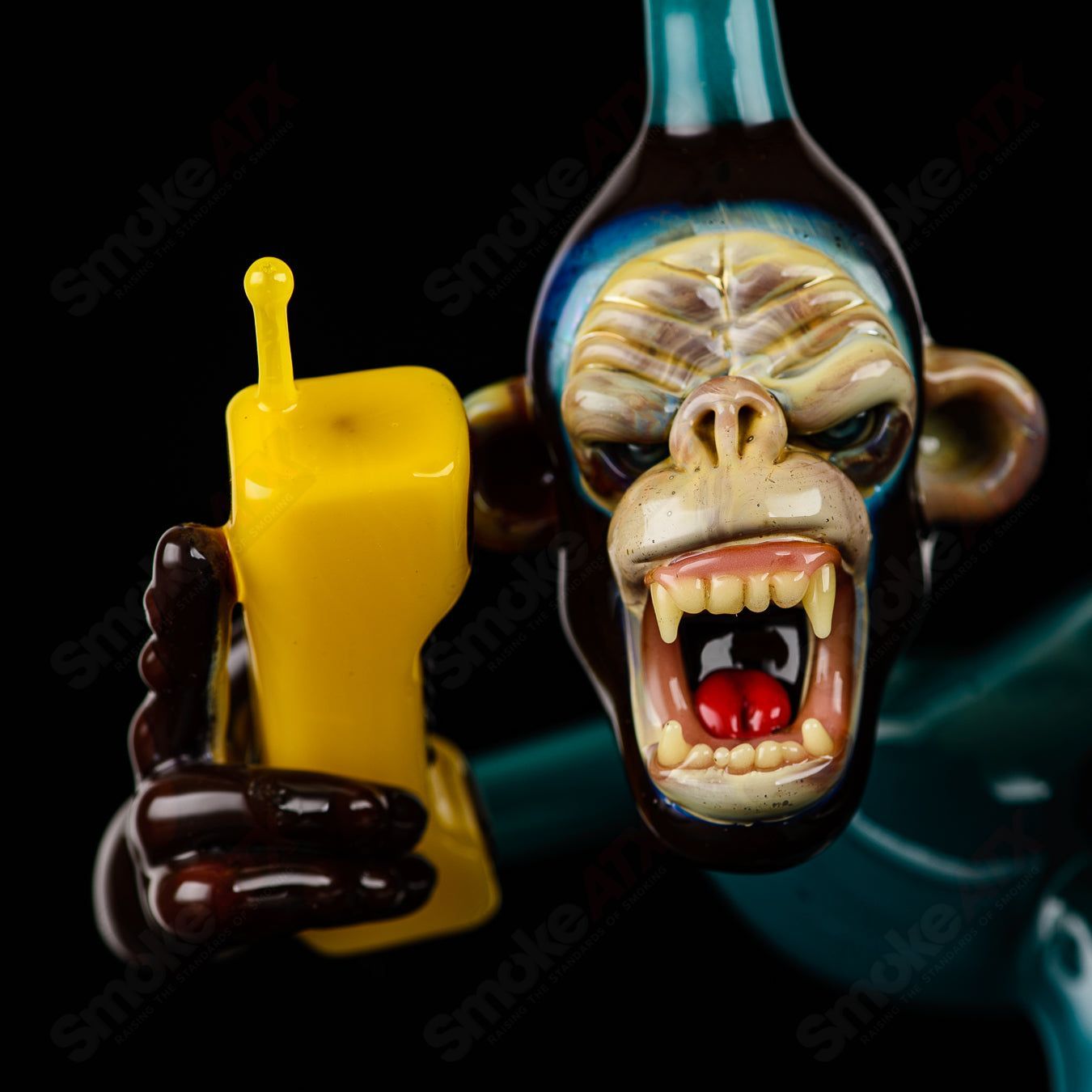 Colorful Elbo Glass Dino Monkey heady concentrate rig with intricate details and vibrant design, perfect for dabbing.