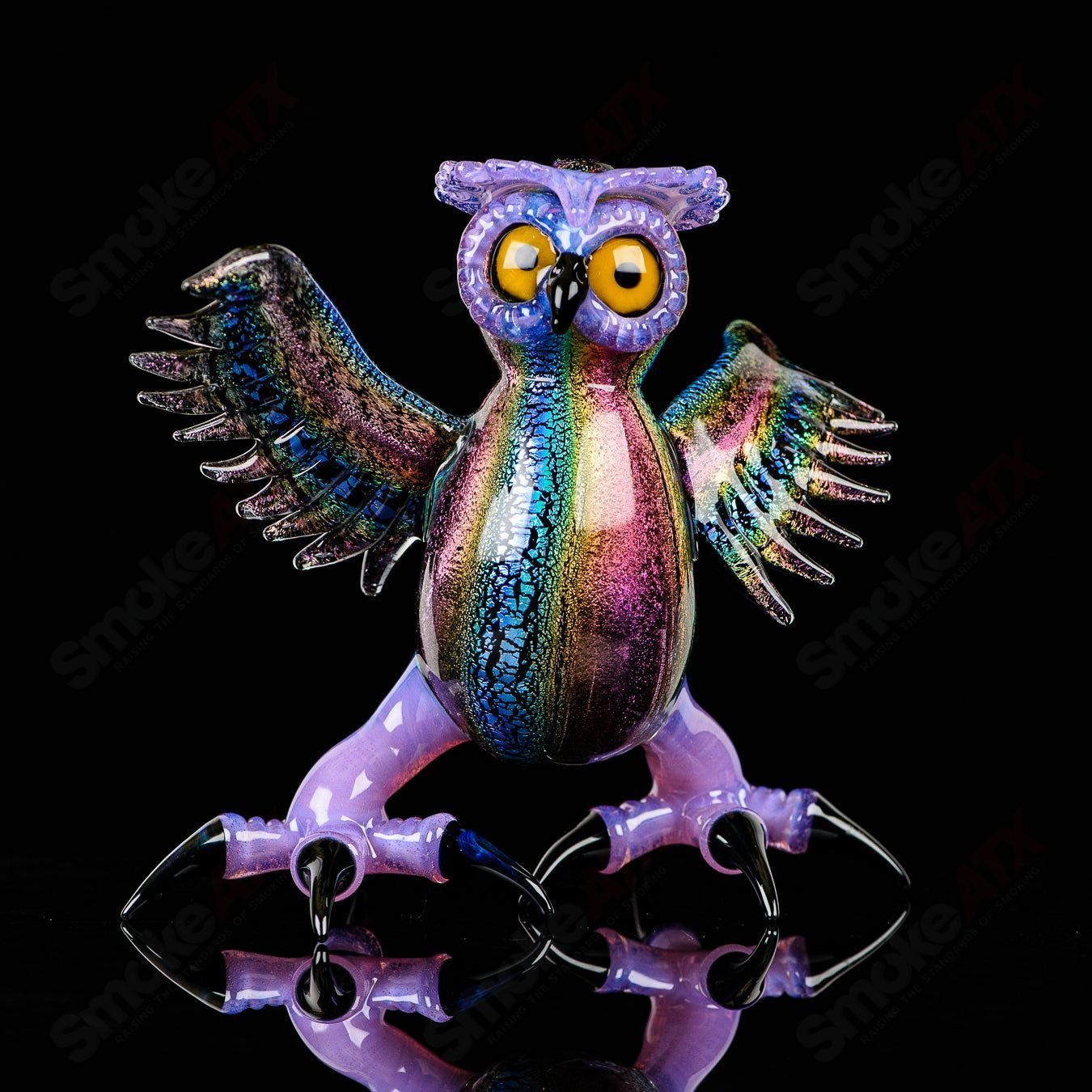 Colorful Dichro EDM Owl heady glass concentrate rig by Turtle Time, featuring intricate flameworked design and vibrant glasswork.