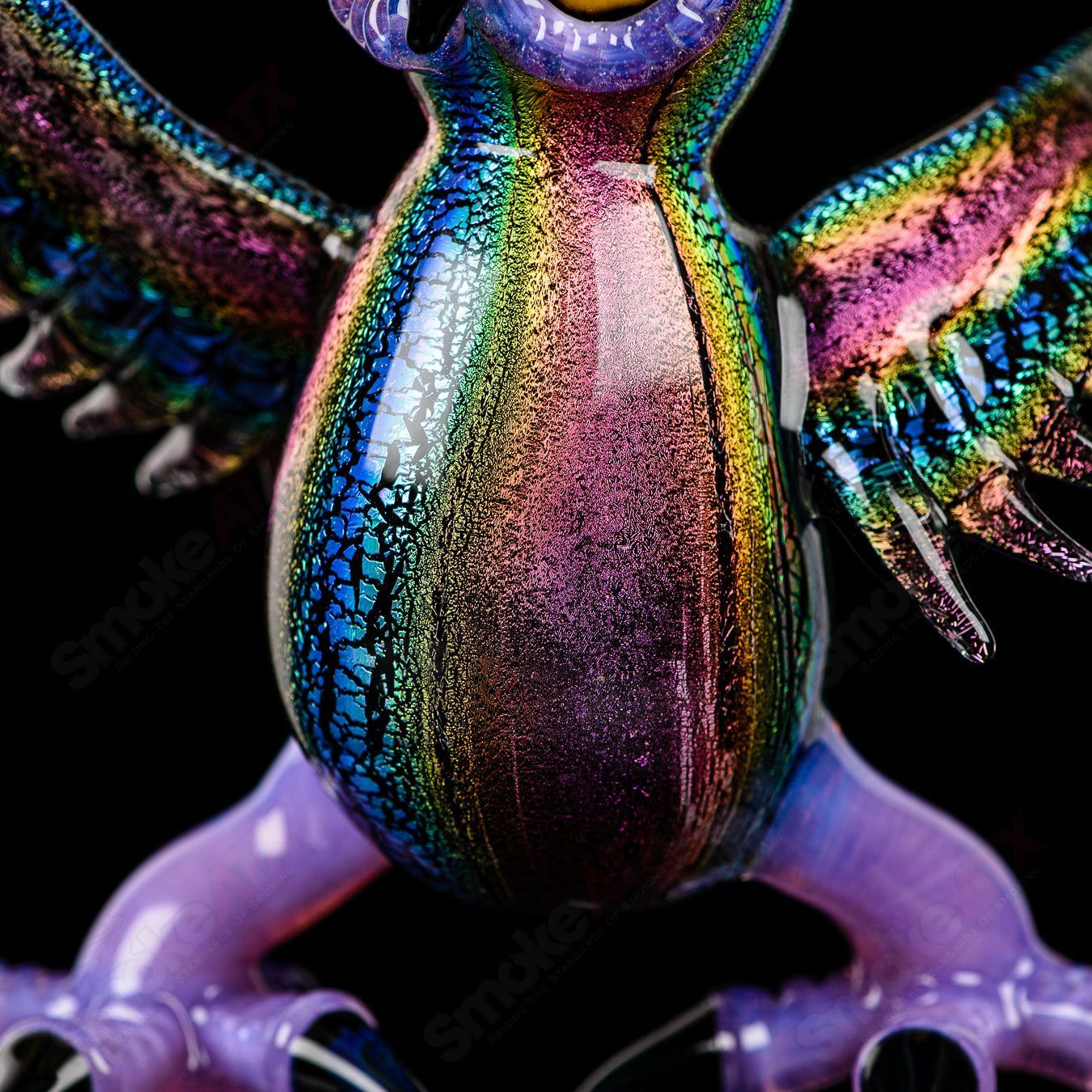 Dichro EDM Owl heady glass concentrate rig by Turtle Time Glass, featuring vibrant dichroic glass and intricate owl design.