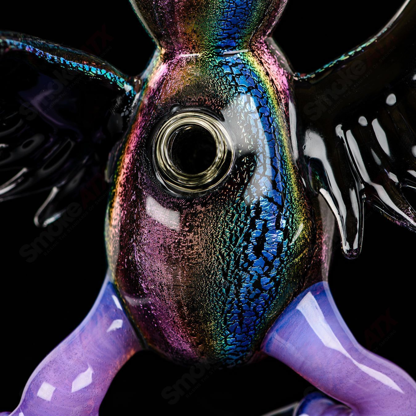 Dichro EDM Owl heady glass concentrate rig by Turtle Time with colorful, intricate glasswork and detailed owl design.