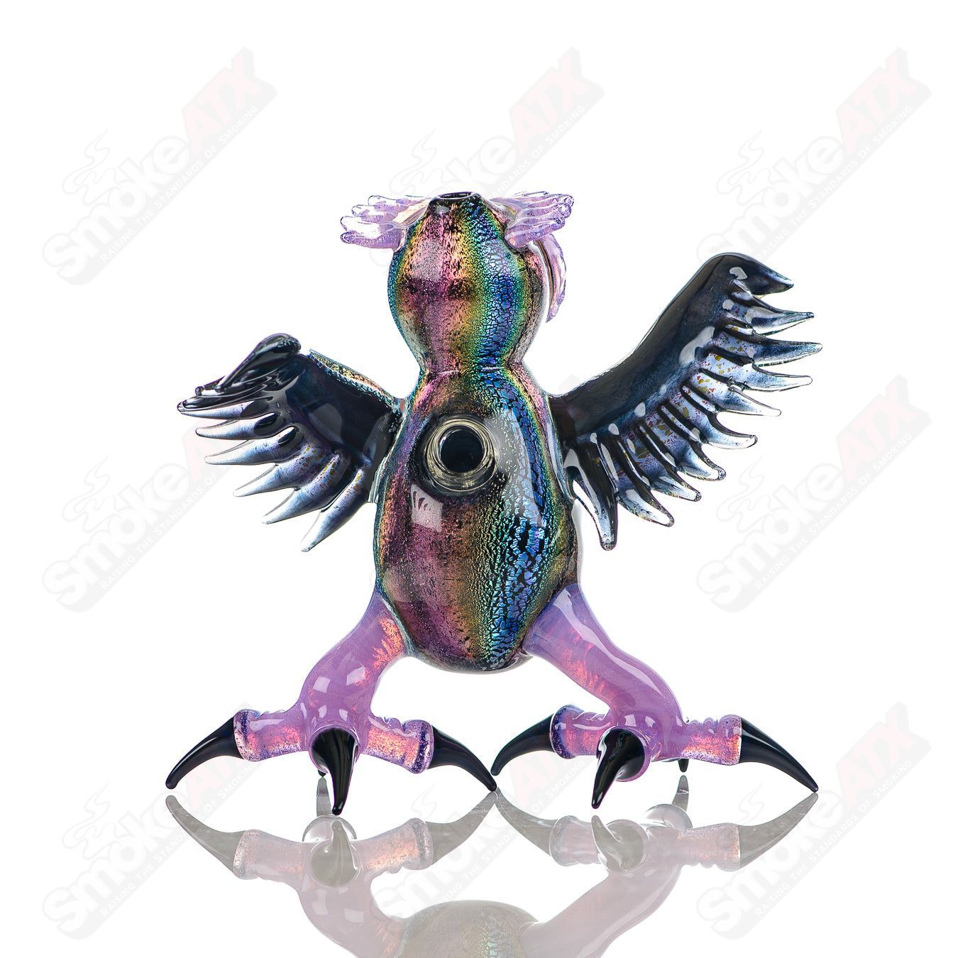Dichro EDM Owl by Four Winds Flameworks and Turtle Time Glass, colorful heady concentrate rig with intricate glasswork design