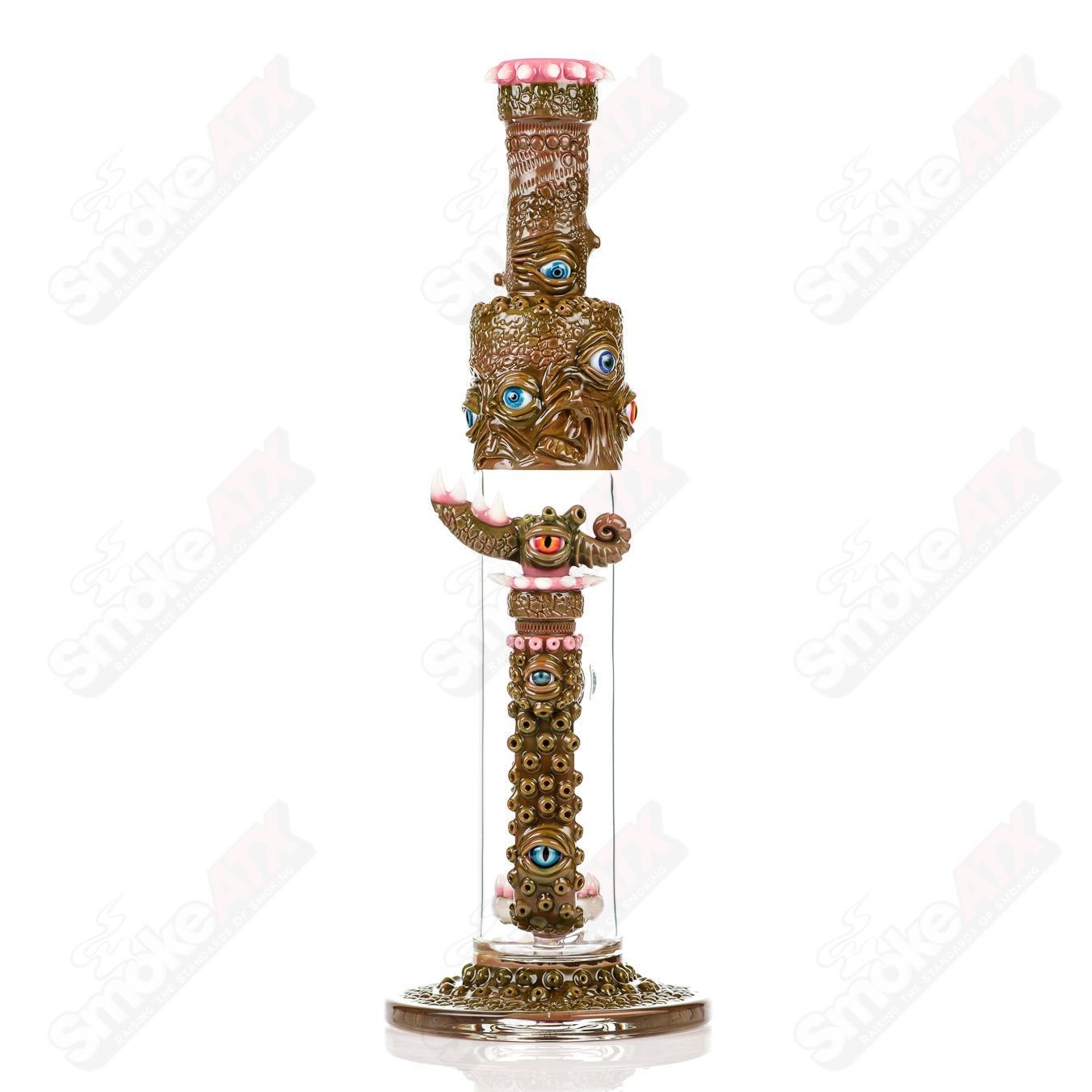 Salt Glass Disc Perc Fully Salted Tube with Slide in Spanish Olive color, a straight glass water pipe with percolator and salt finish.