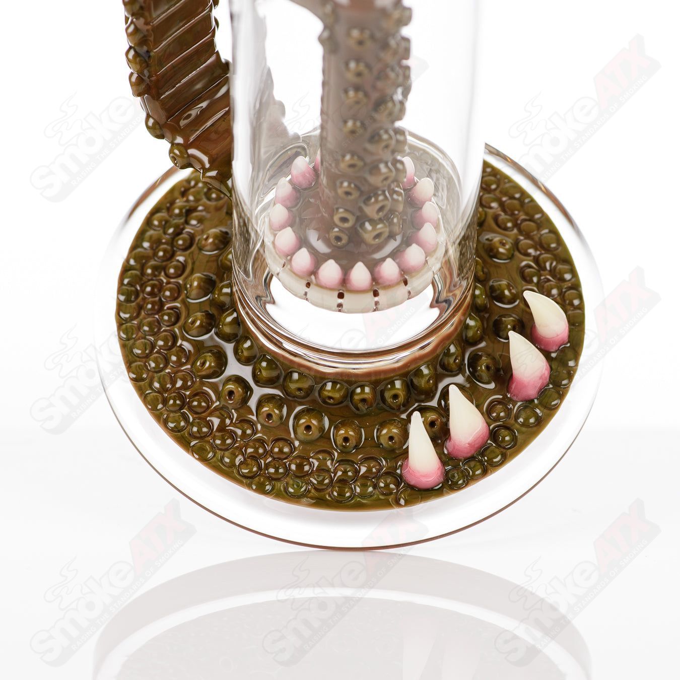 Salt Glass Disc Perc Fully Salted Tube with Slide in Spanish Olive color, straight glass water pipe for smoking.