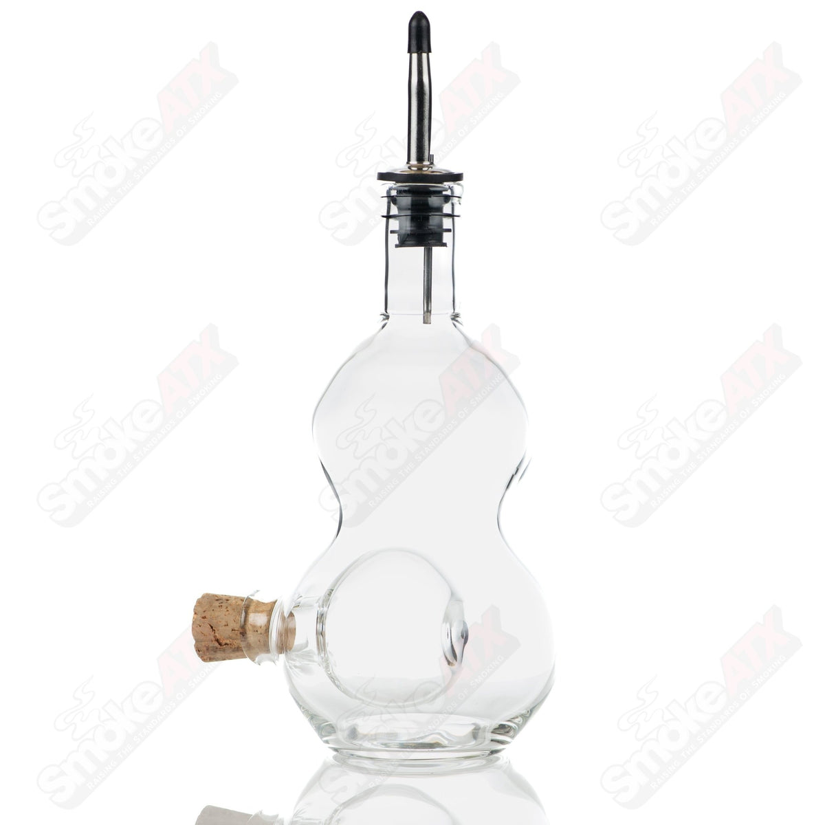 Double chamber liquor bottle and stash jar by Texas Hot Glass, clear heady glass with detailed design and secure lids.