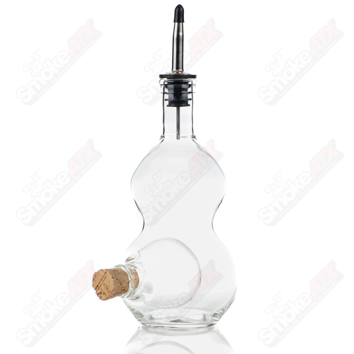 Double chamber liquor bottle and stash jar by Texas Hot Glass, handcrafted heady glass with intricate designs.