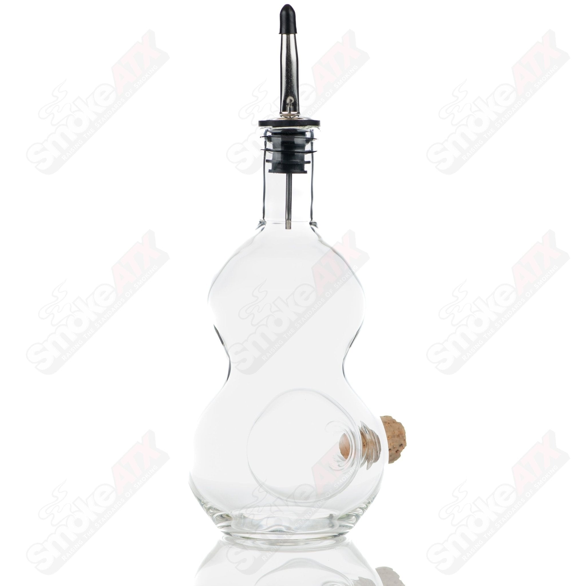 Texas Hot Glass double chamber liquor bottle and stash jar, heady glass with clear glass design and functional dual chambers.