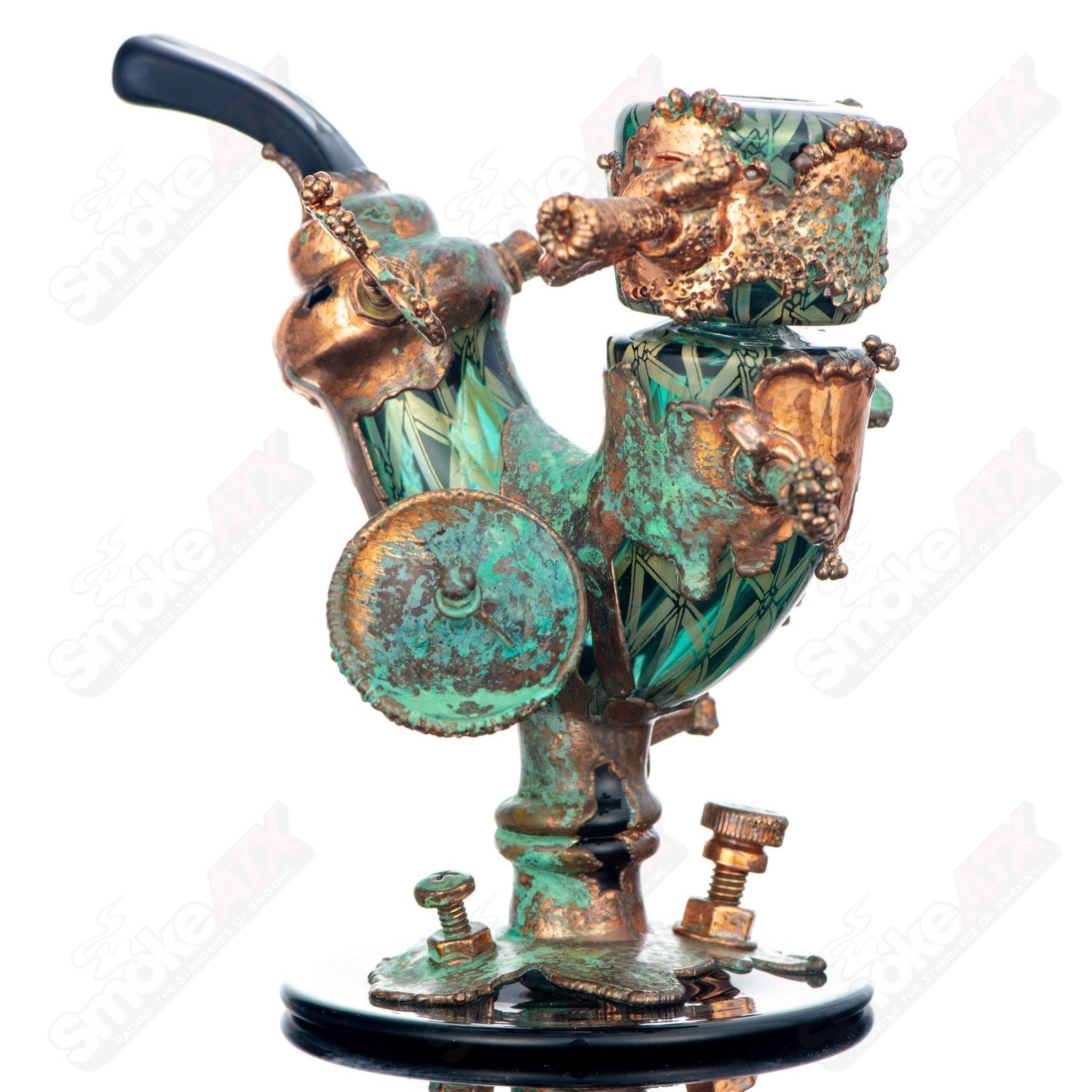 Errlock Sherlock Rig by JMass, a colorful heady glass concentrate rig with intricate design and unique Sherlock shape.