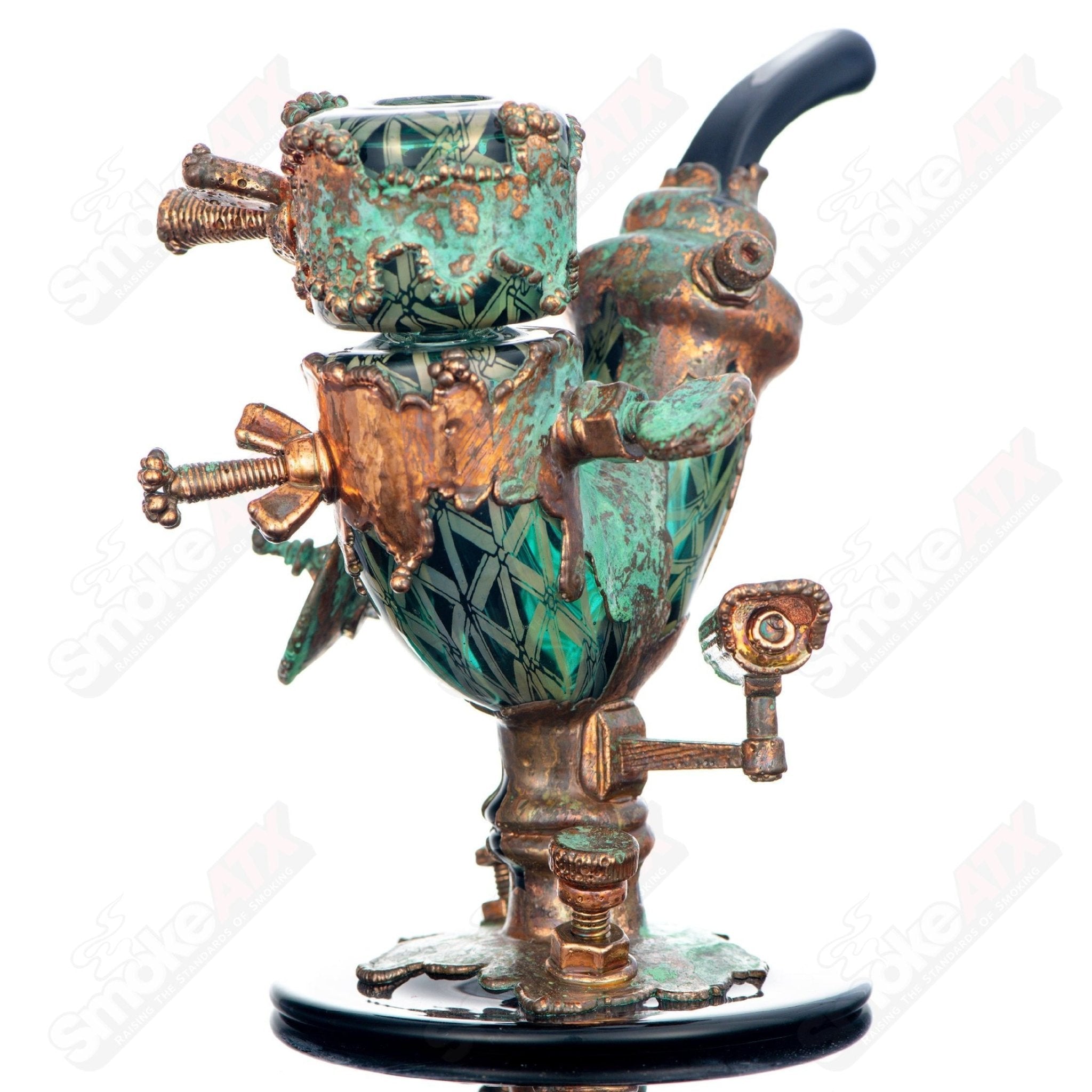 Errlock Sherlock Rig by JMass, a colorful heady glass concentrate rig featuring intricate glasswork and a Sherlock style design.