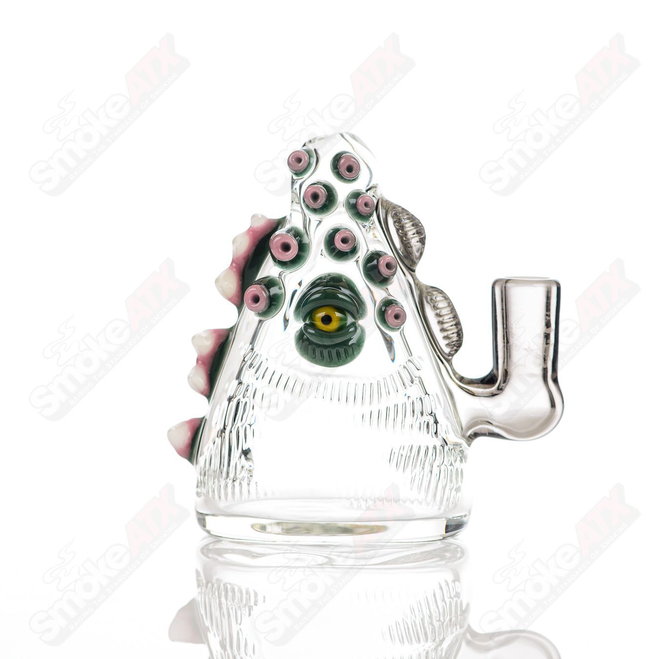 Salt Glass Eyepod #113 concentrate rig in black Neutronium and Gunmount design, featuring intricate glass craftsmanship.