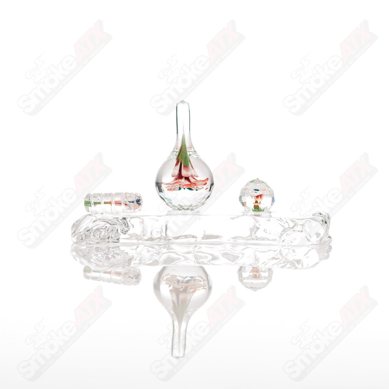 Faceted Flower Implosion Slurper Set by Indo & Fatal Facets, heady glass smoking accessories with intricate faceted flower design.