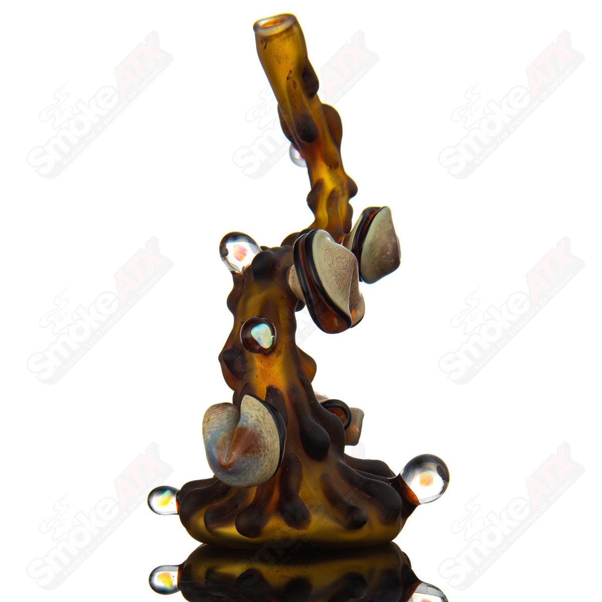 Flowing Tea Rig with teacup design by Dux Glass, clear heady glass concentrate rig with intricate details and smooth curves.