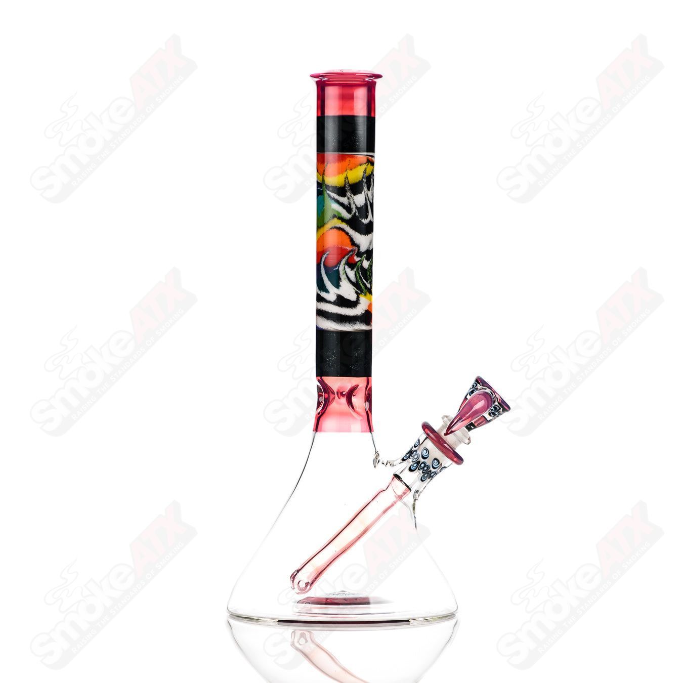 Frit Tech Dotstack Beaker by GD Glass, a colorful heady glass beaker with a vibrant dotstack design and clear glass base.