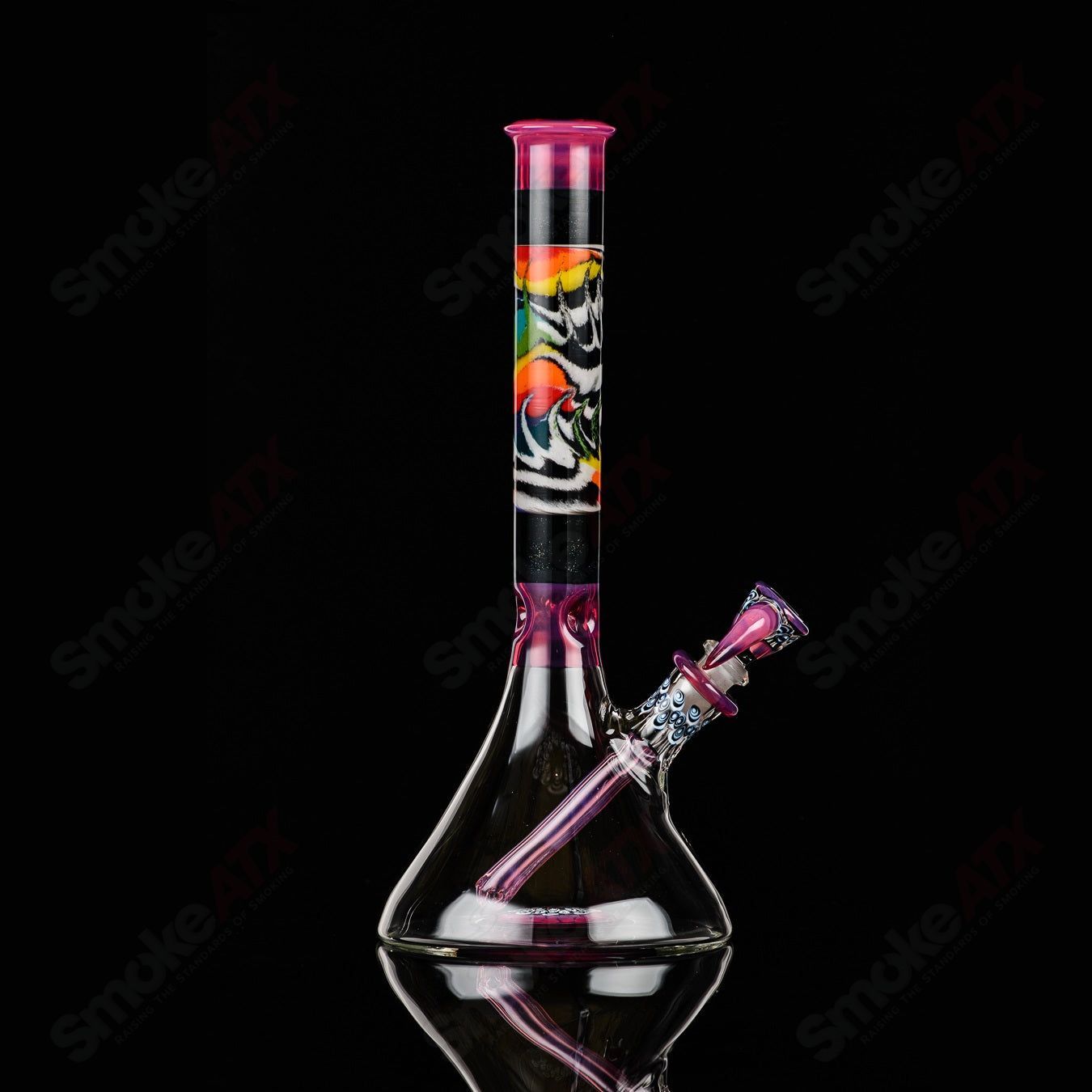 Frit Tech Dotstack Beaker by GD Glass, colorful heady glass beaker with intricate dotstack design, suitable for smoking or display.