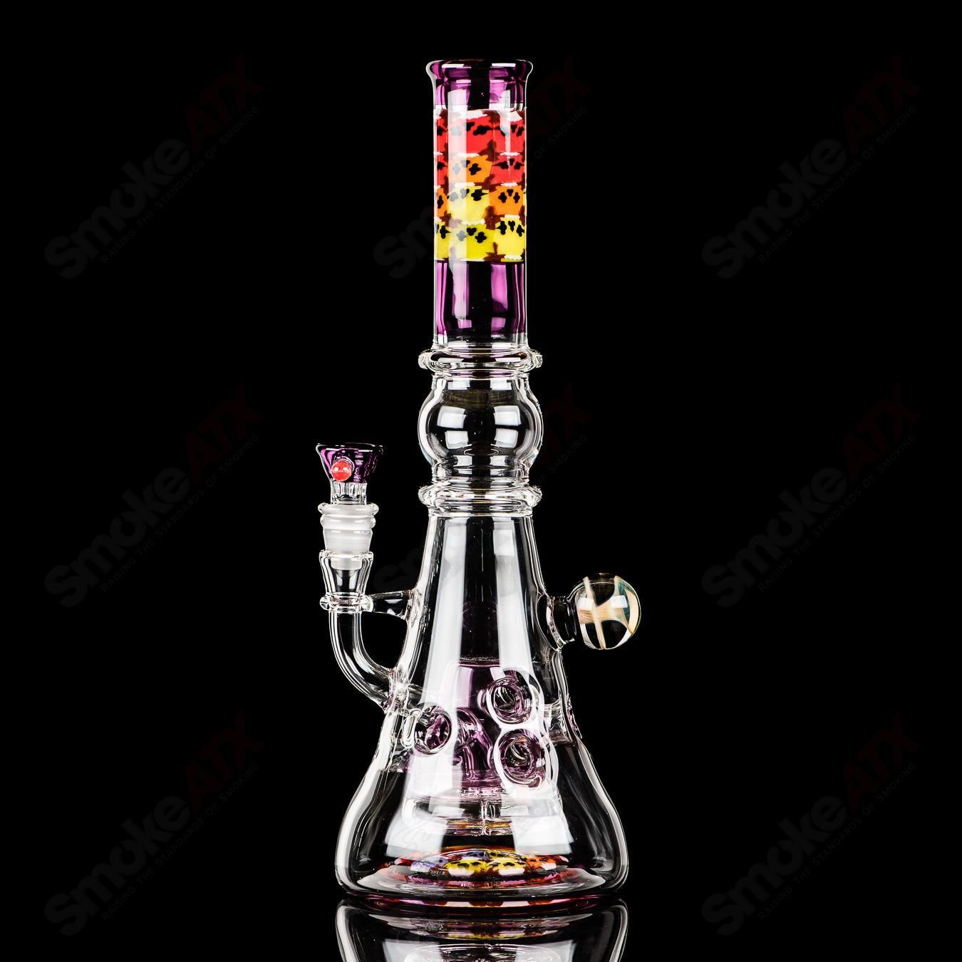 Full-size gold amethyst Fab Tube Crunklestein x Terroir heady glass beaker with gold and purple accents, featuring intricate design details.