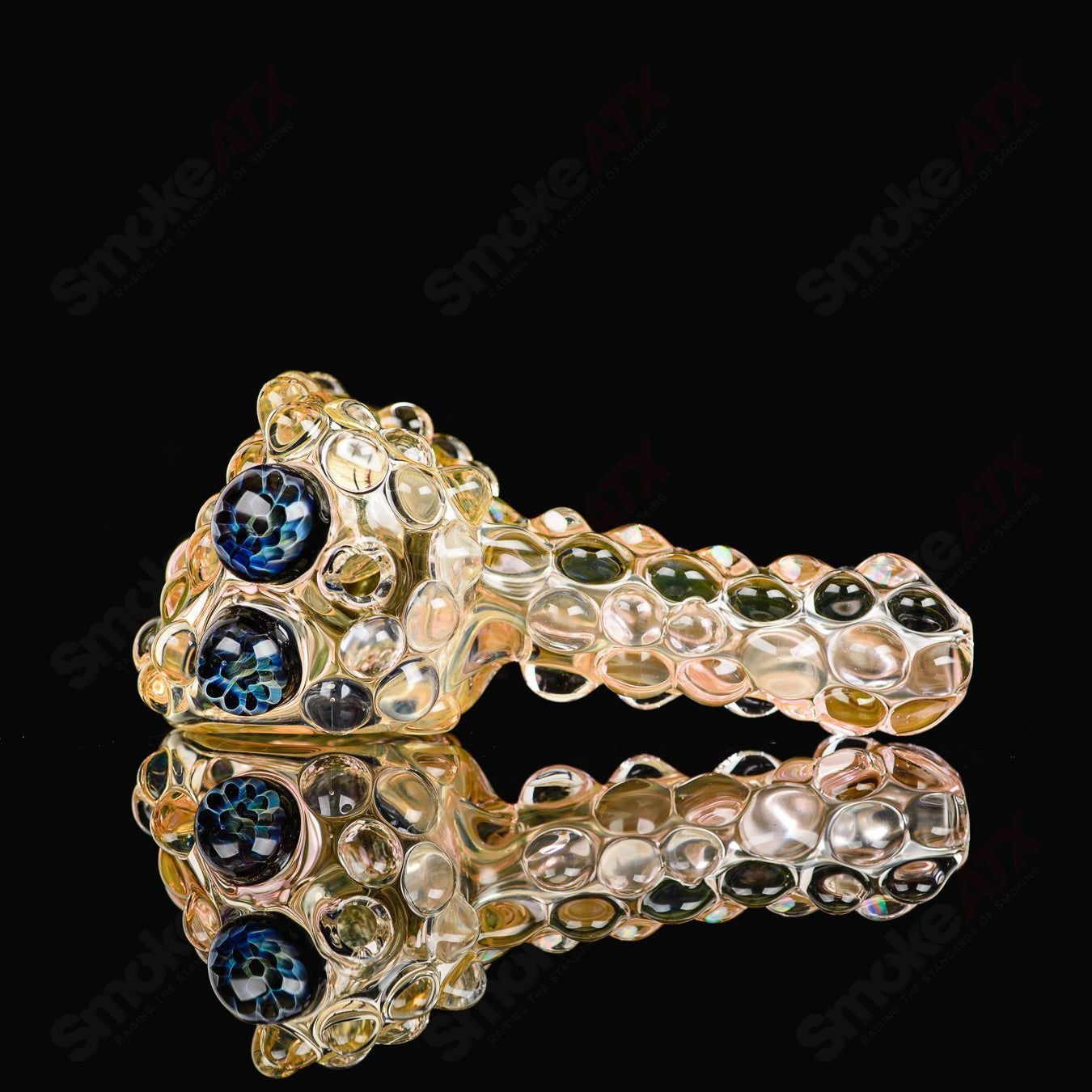 GD Glass Fume Big Knobs Spammer pipe with honeycomb millies and opal accents, featuring colorful glass design.