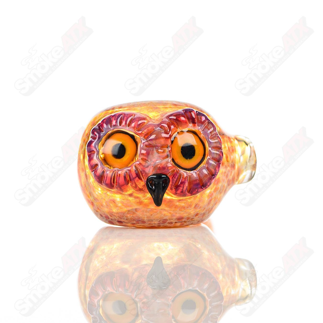 Fumed spotted owl glass spoon pipe by Four Winds Flameworks, detailed fumed glass with owl design for smoking use.