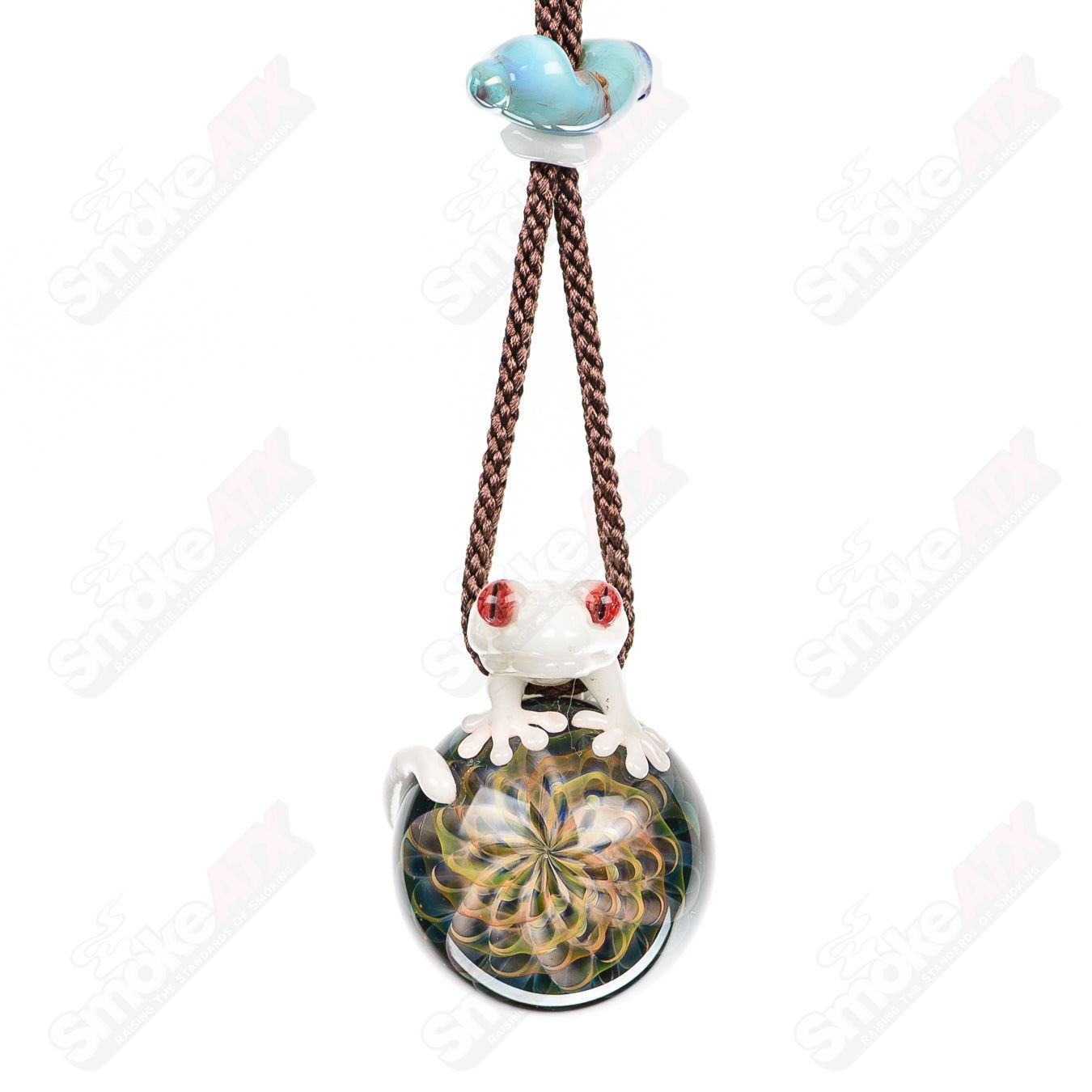Colorful Kengtaro Glass Gecko and Flower pendant, handcrafted heady glass jewelry with intricate design and vibrant details.