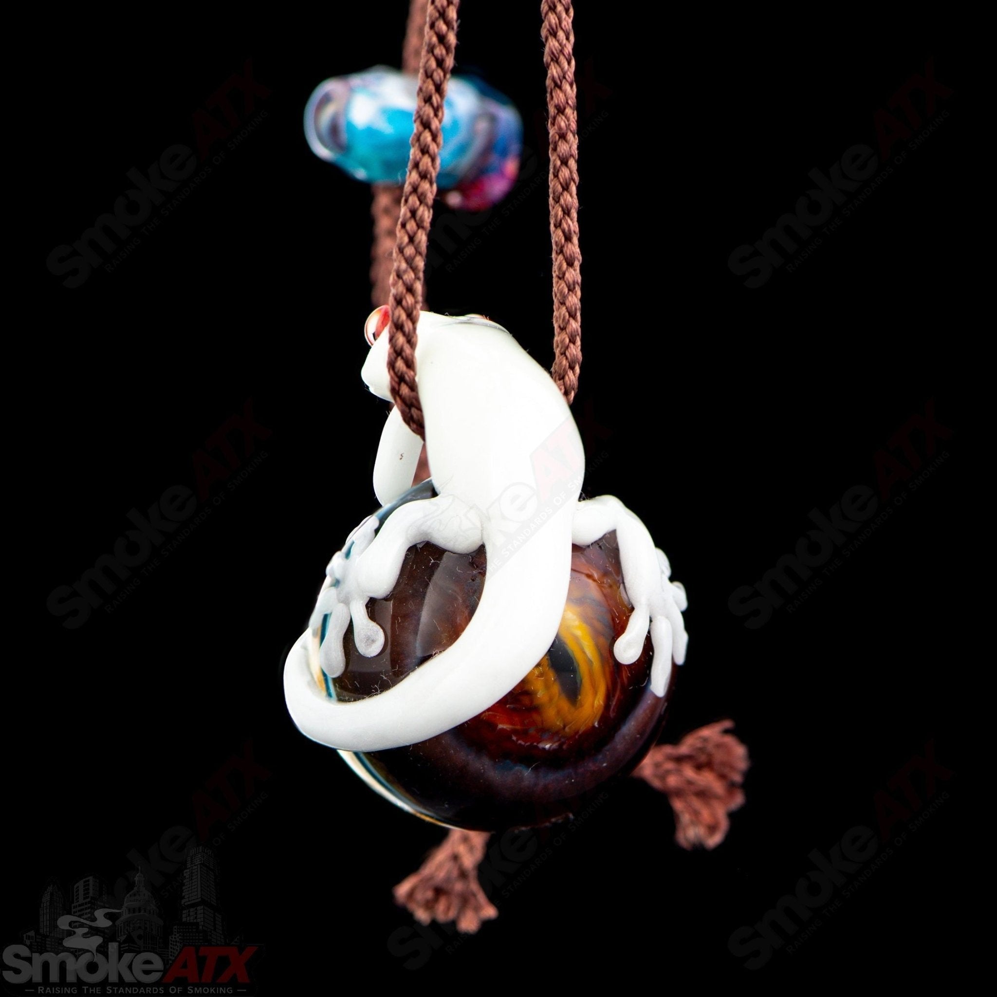 Kengtaro Glass Gecko and the Sky Pendant featuring vibrant colors and intricate design, handcrafted heady glass jewelry piece.