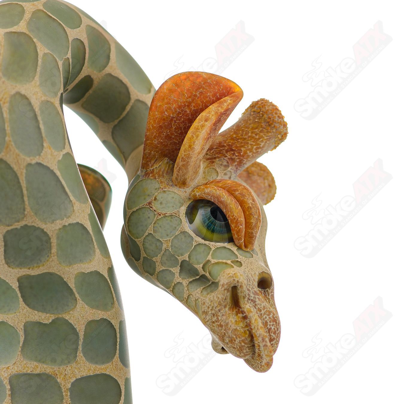 Robertson Glass Giraffe Bent Neck Bottle Rig, Atlantis heady glass concentrate rig with intricate design and bent neck.