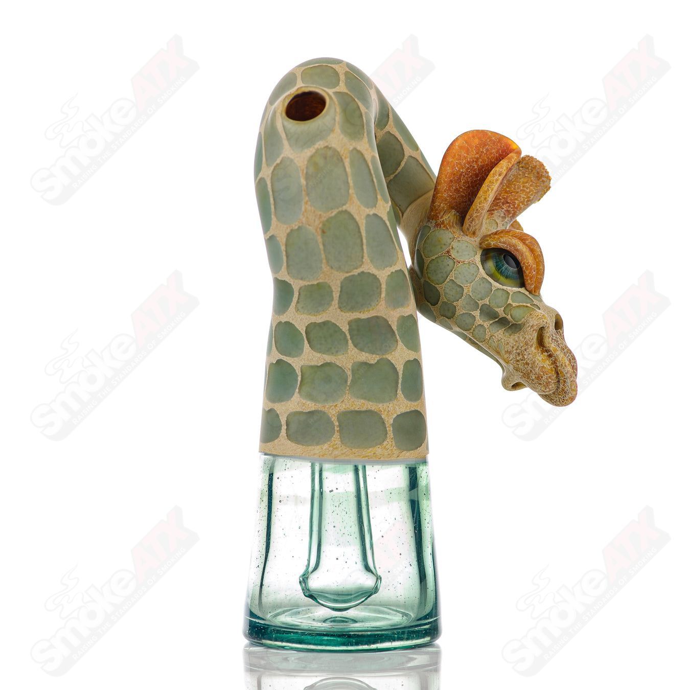 Robertson Glass Giraffe Bent Neck Bottle Rig for concentrates, featuring a unique giraffe-shaped design and Atlantis glass accents.