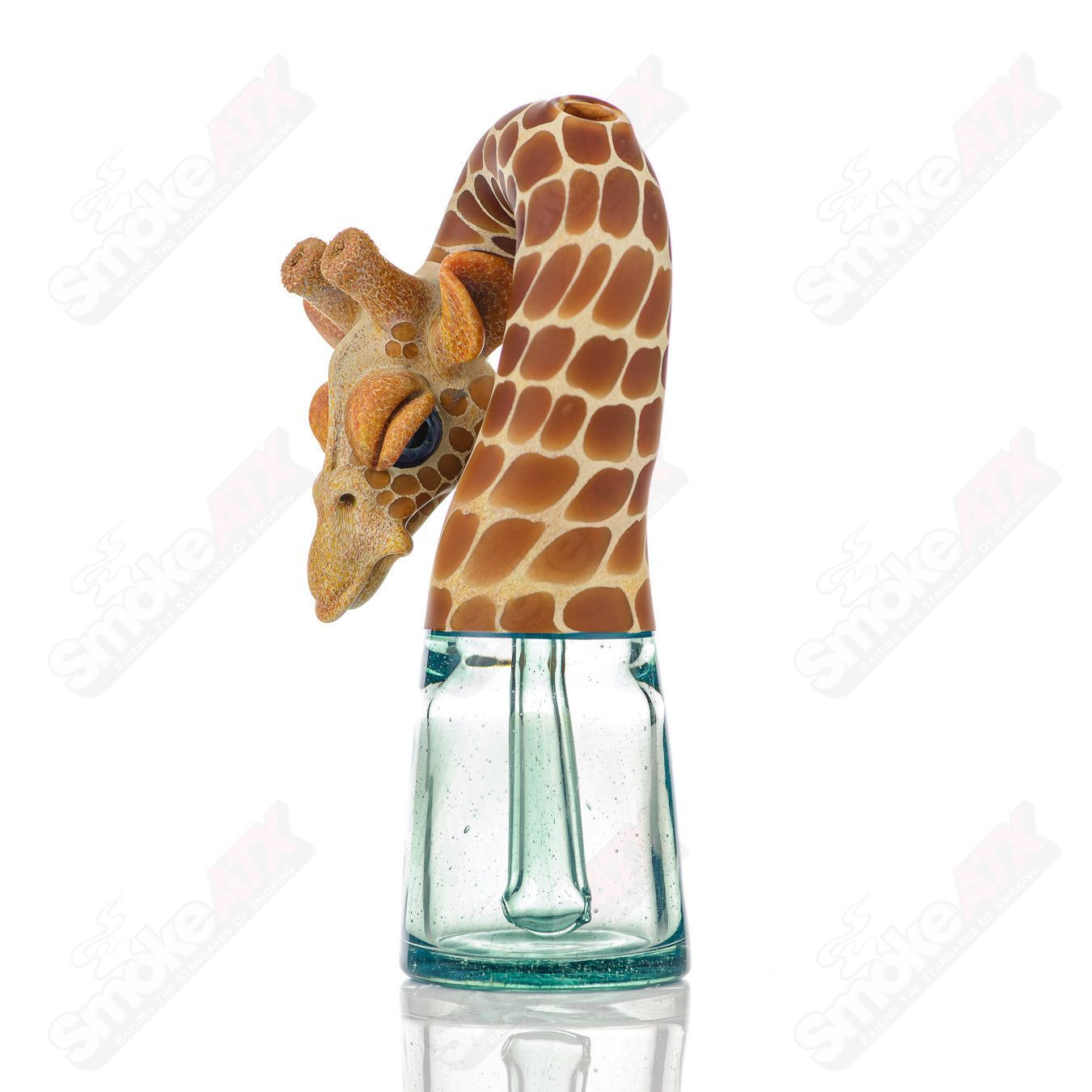 Robertson Glass Giraffe Bent Neck Bottle Rig for concentrates, featuring intricate glasswork and a honey badger design.